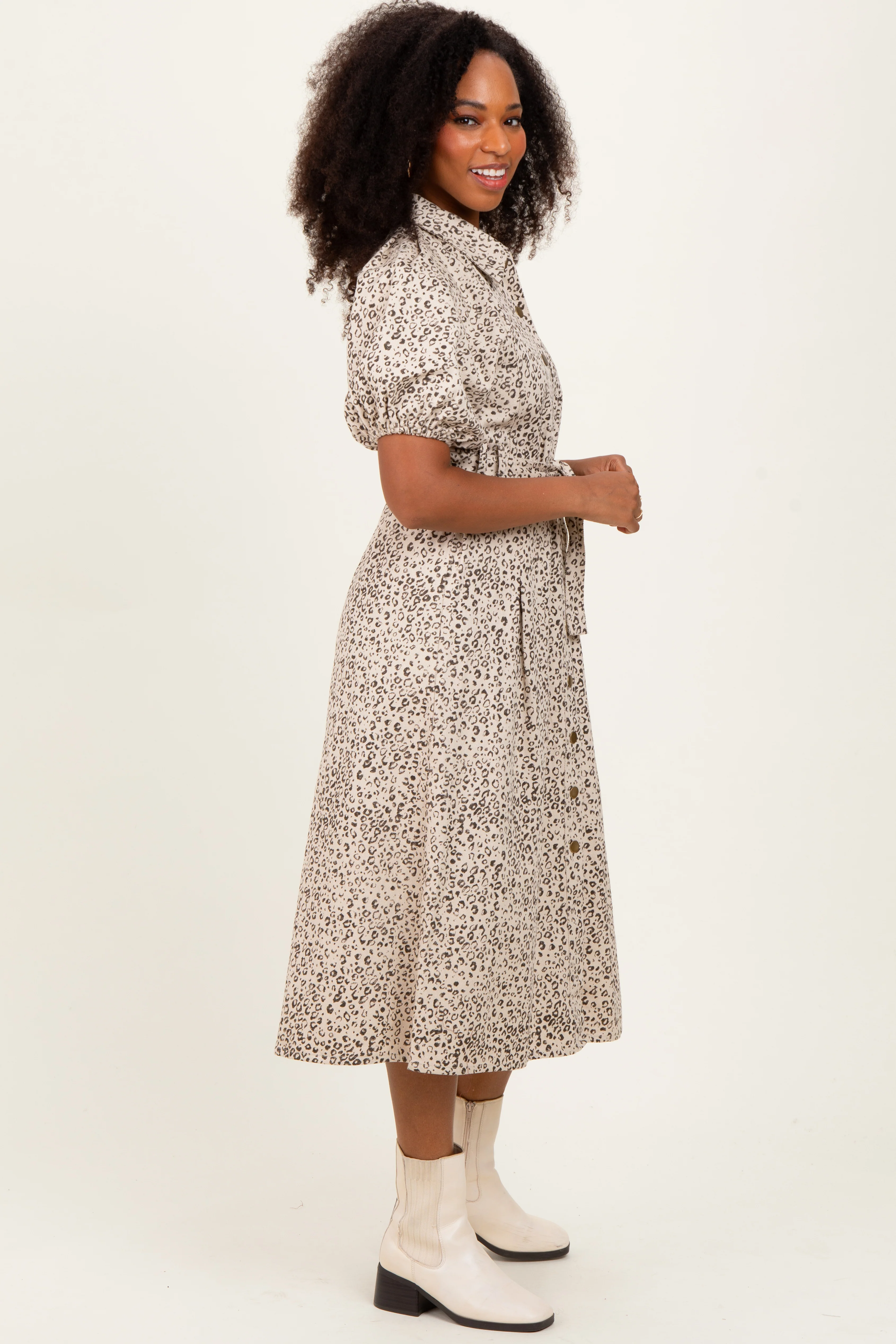Cream Floral Button Front Waist Tie Midi Dress - Image 2