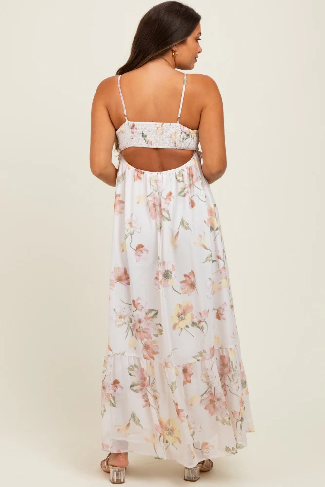 Cream Floral Chiffon Halter Maternity Maxi Dress - Image 3
