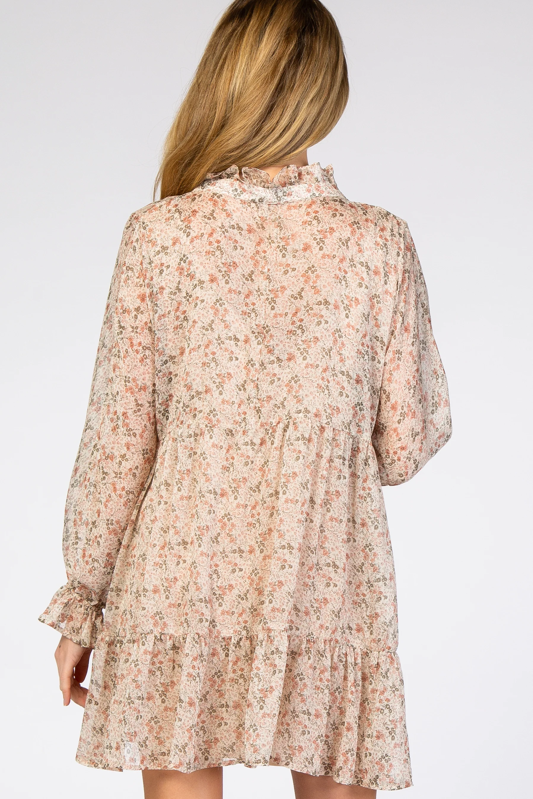 Cream Floral Chiffon Ruffle Hem Maternity Dress - Image 3