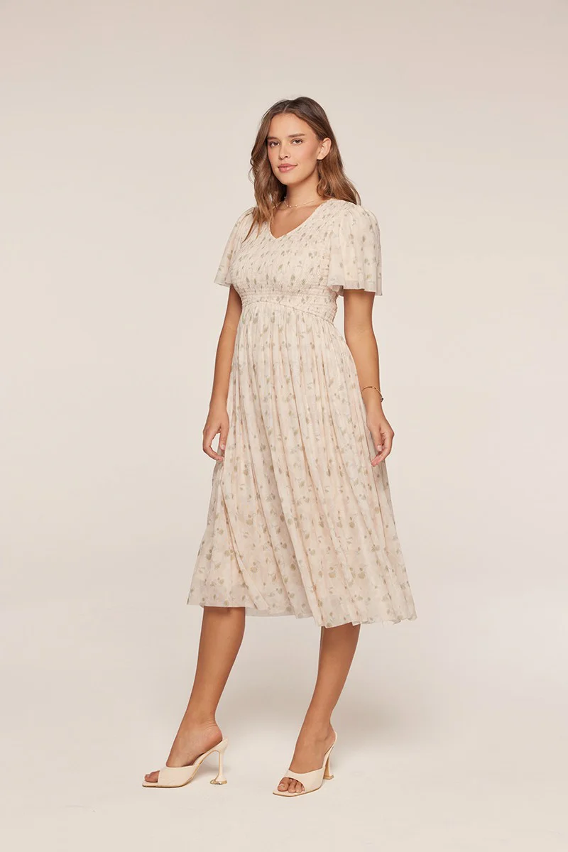 Cream Floral Chiffon Smocked Maternity Midi Dress - Image 5