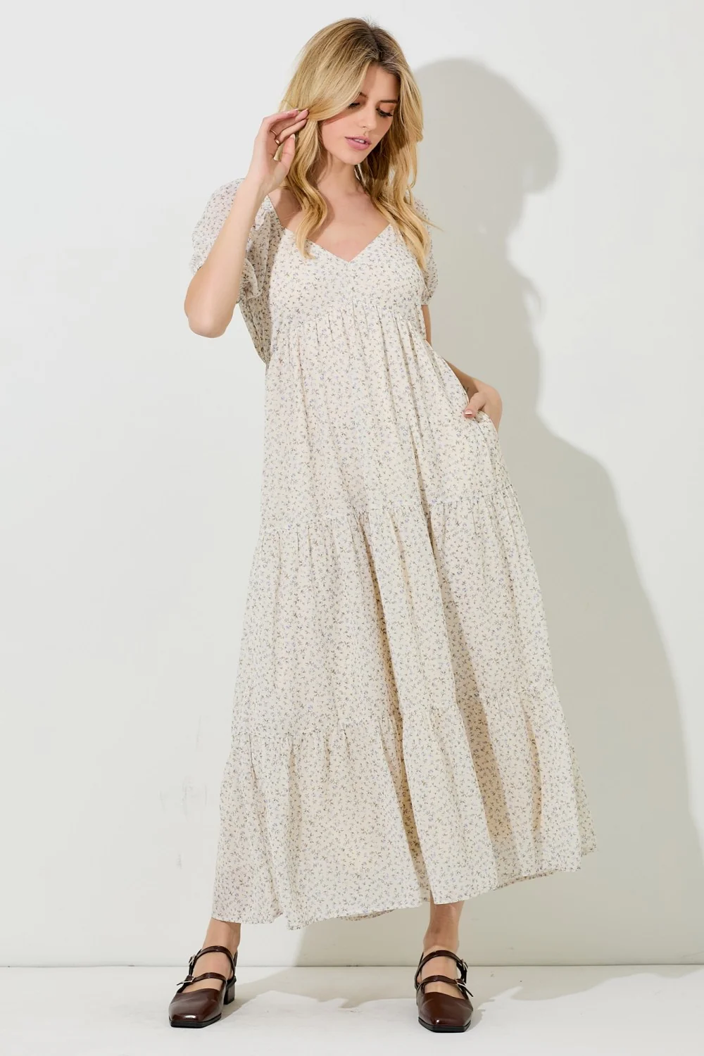Cream Floral Chiffon Tiered Maternity Maxi Dress - Image 5