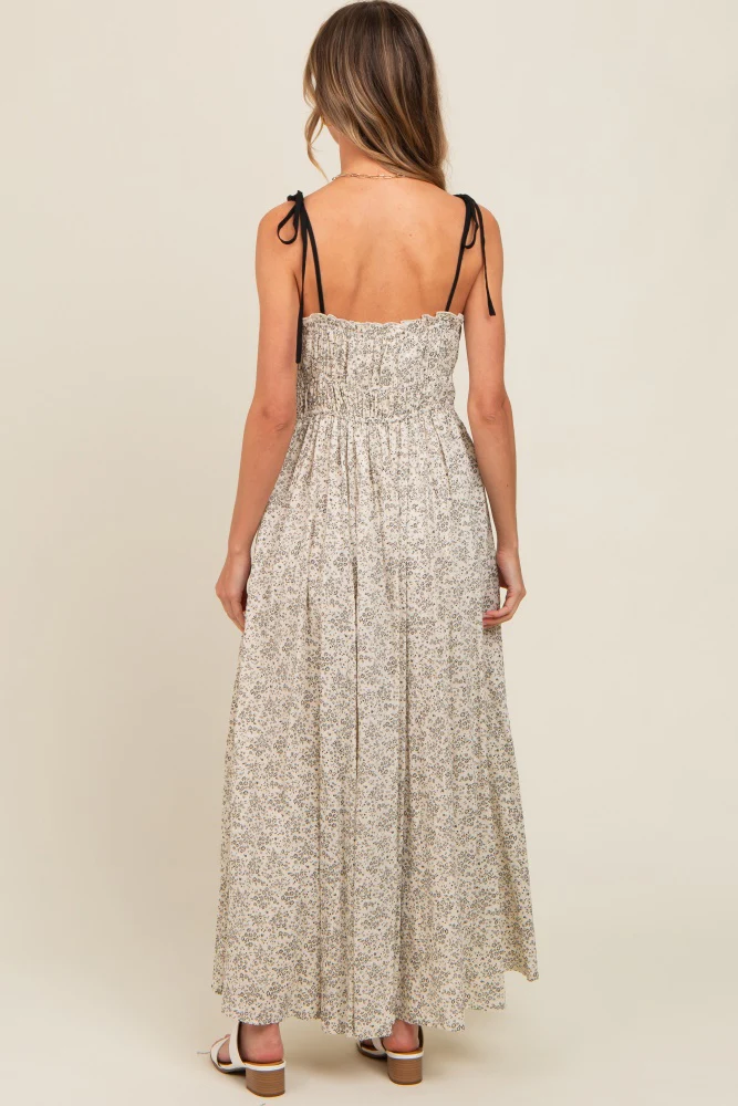 Cream Floral Contrast Ribbon Trim Maxi Dress - Image 4