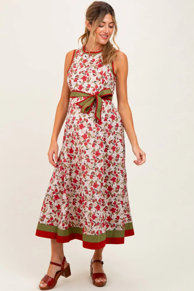 Cream Floral Contrast Trim Sleeveless Maternity Midi Dress - Image 2