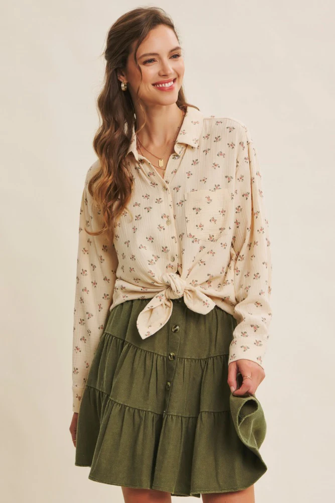 Cream Floral Cotton Gauze Oversized Button-Down Maternity Shirt - Image 5
