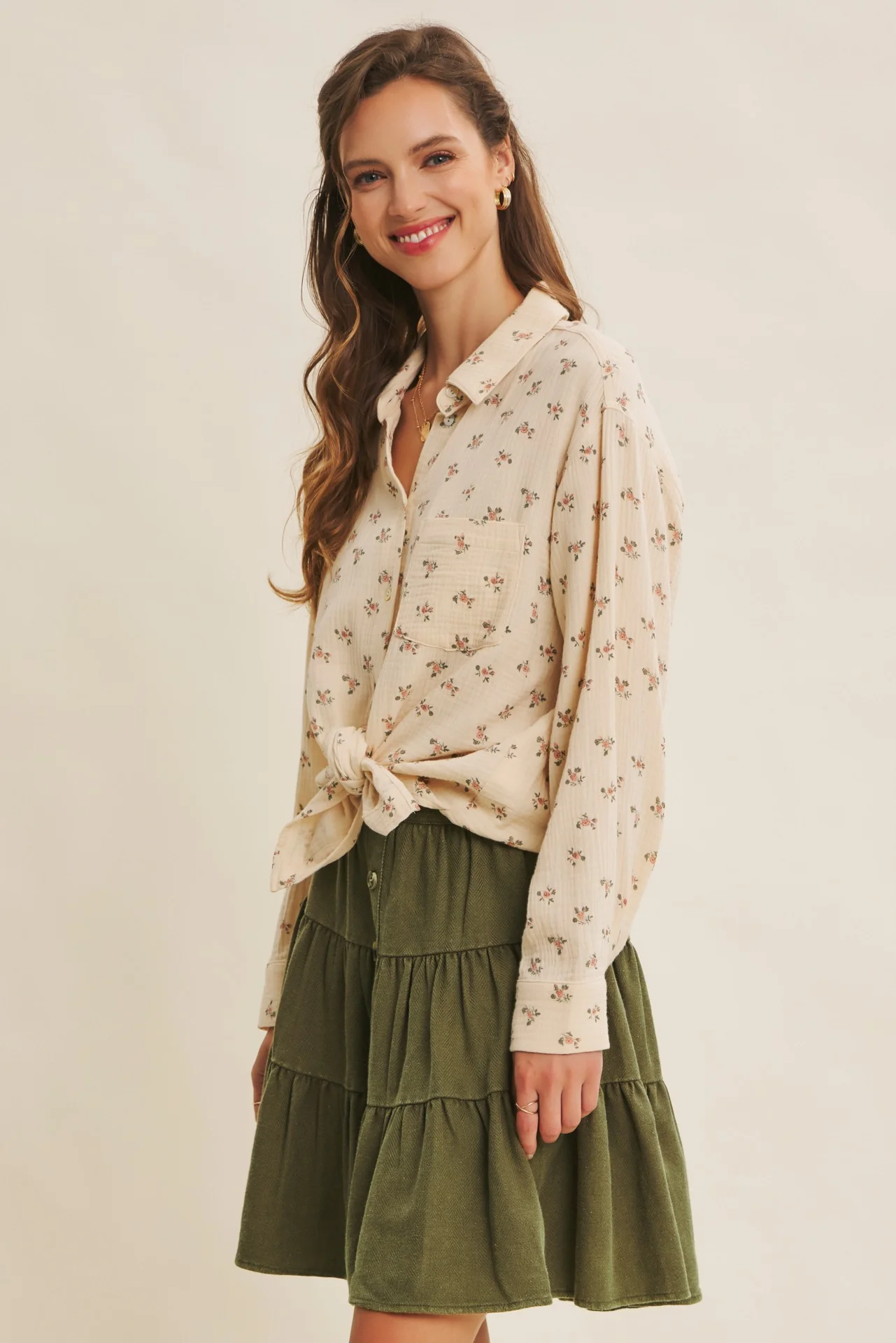 Cream Floral Cotton Gauze Oversized Button-Down Shirt - Image 3