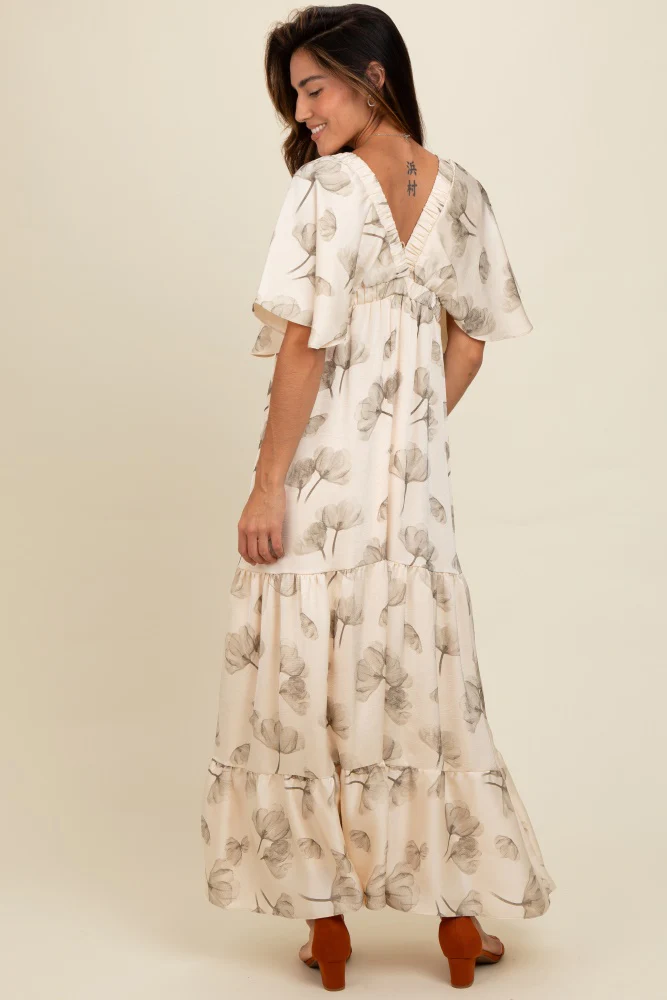 Cream Floral Deep V-Neck Maxi Dress - Image 4