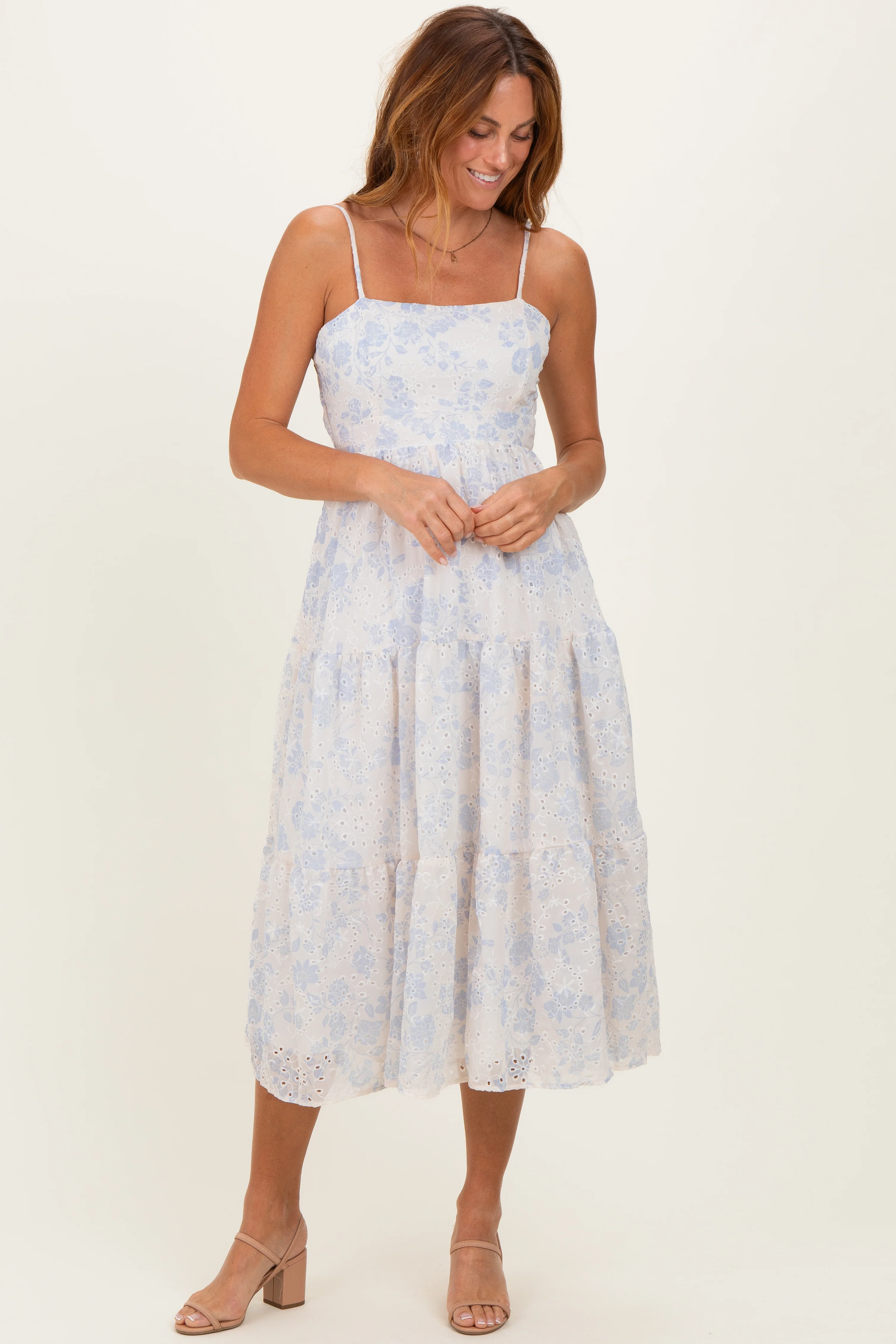 Cream Floral Eyelet Lace Tie Back Maternity Midi Dress - Image 5