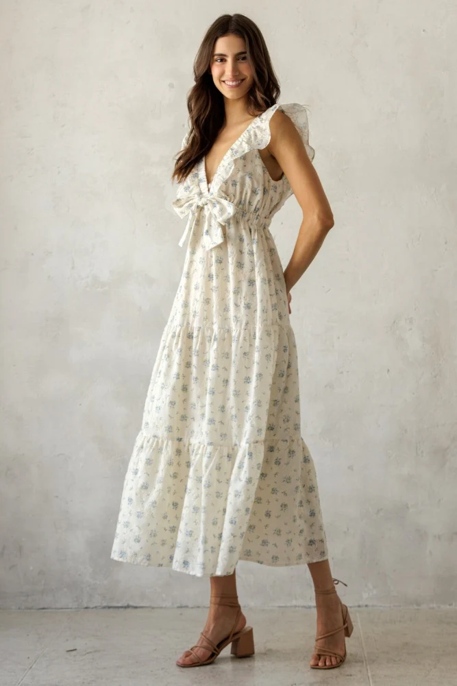 Cream Floral Front Bow Open Back Midi Dress - Image 3