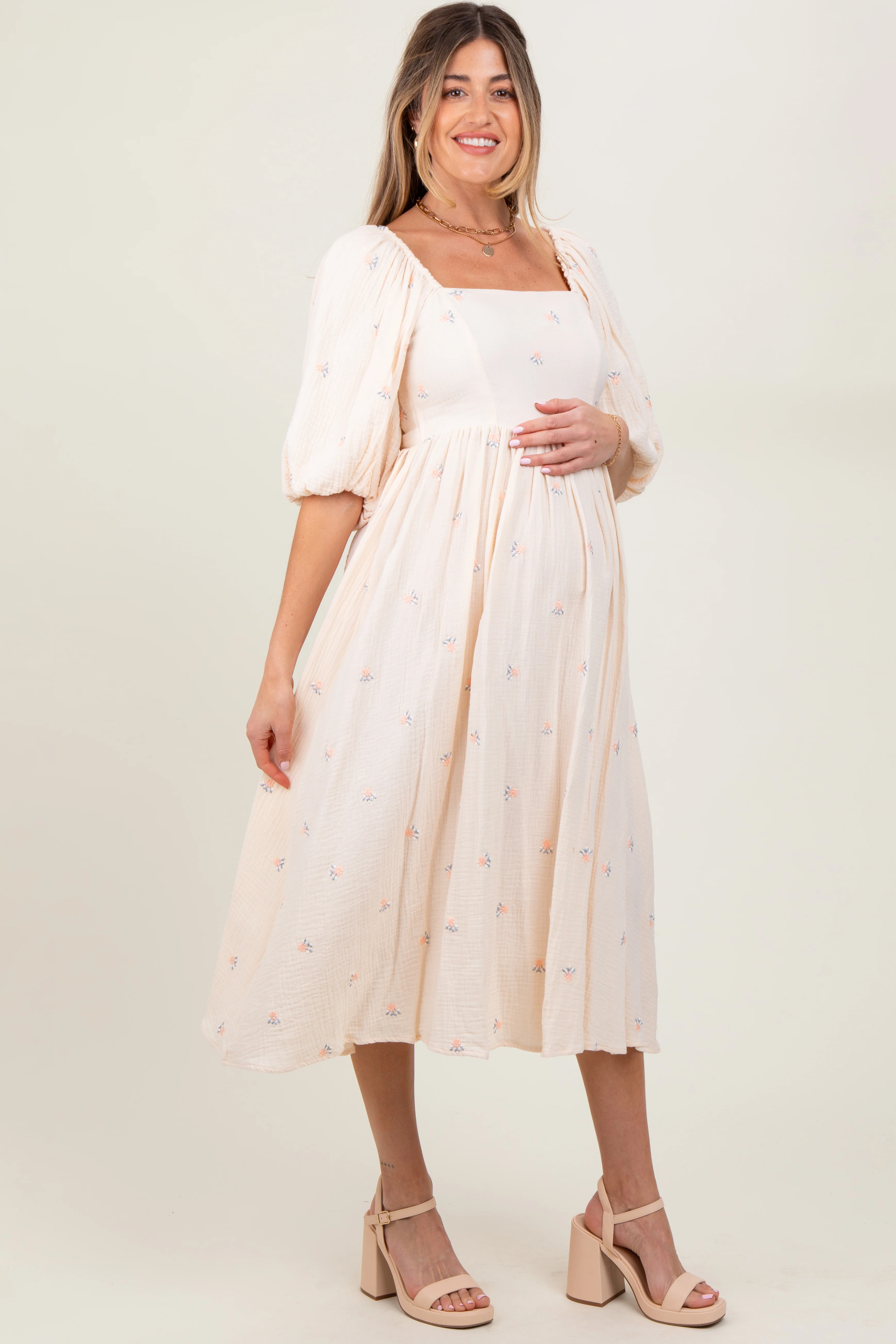 Cream Floral Maternity Midi Dress - Image 2