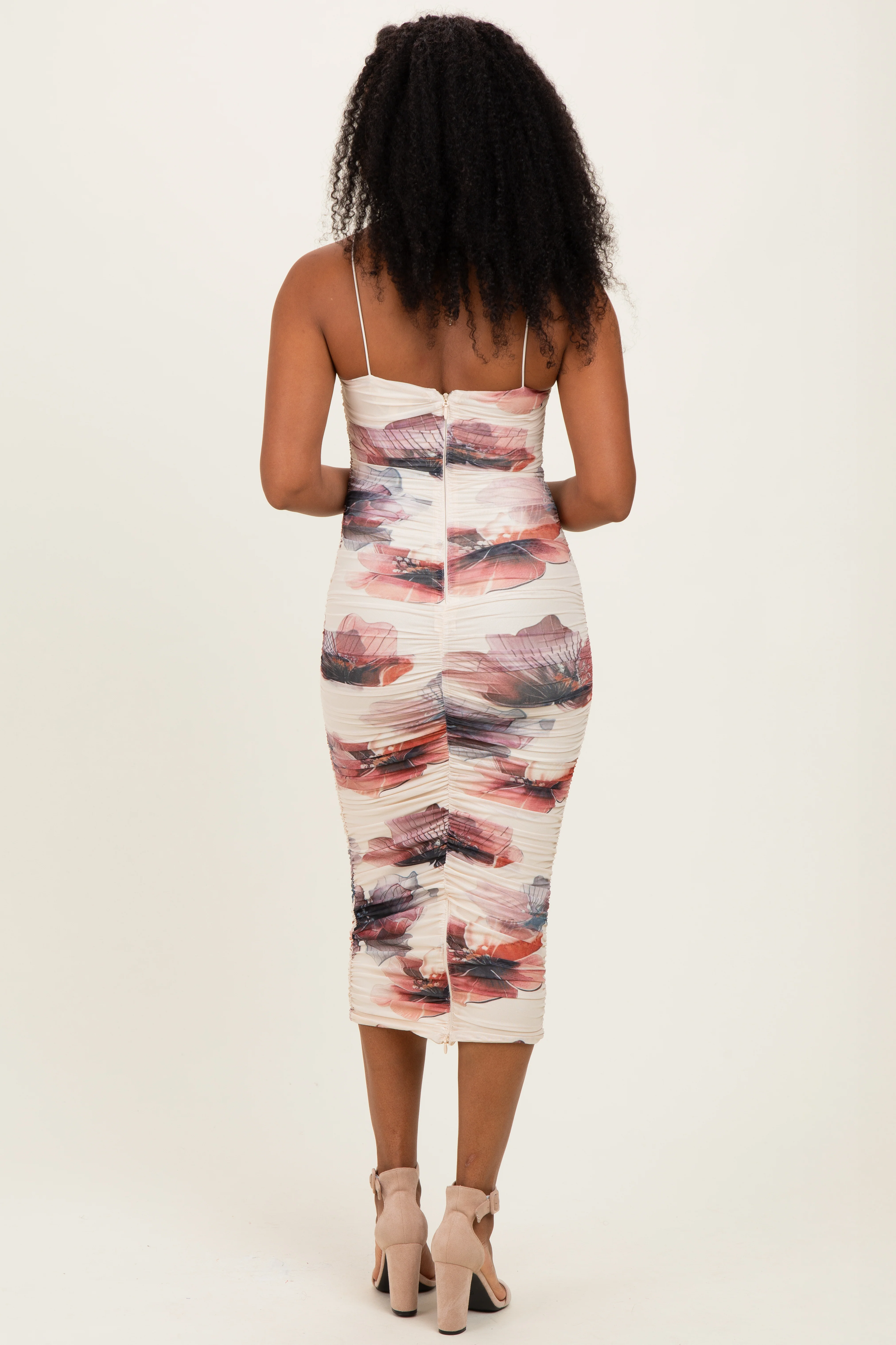 Cream Floral Mesh Fitted Midi Dress - Image 3