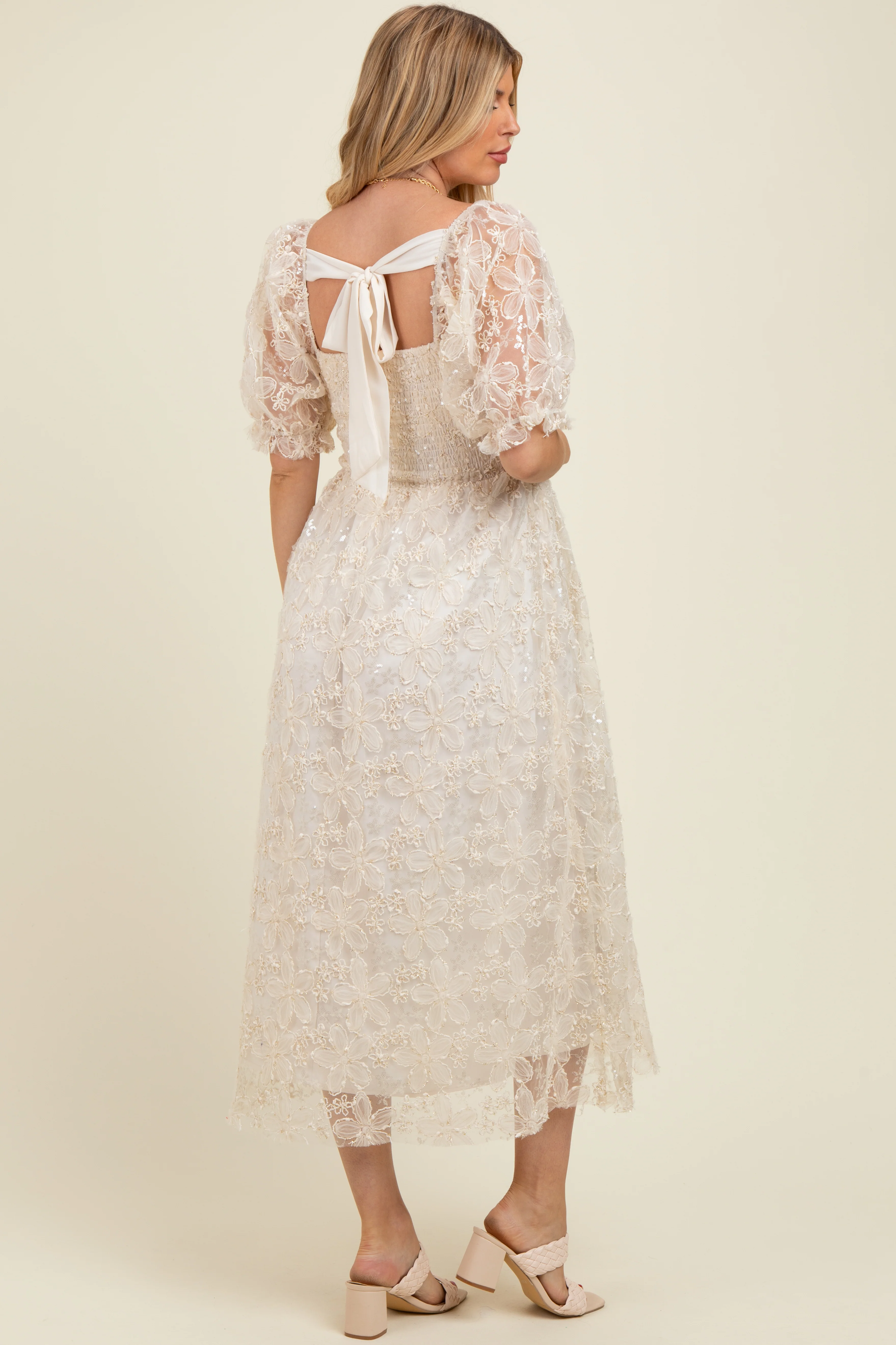 Cream Floral Mesh Overlay Tie Back Maternity Midi Dress - Image 4