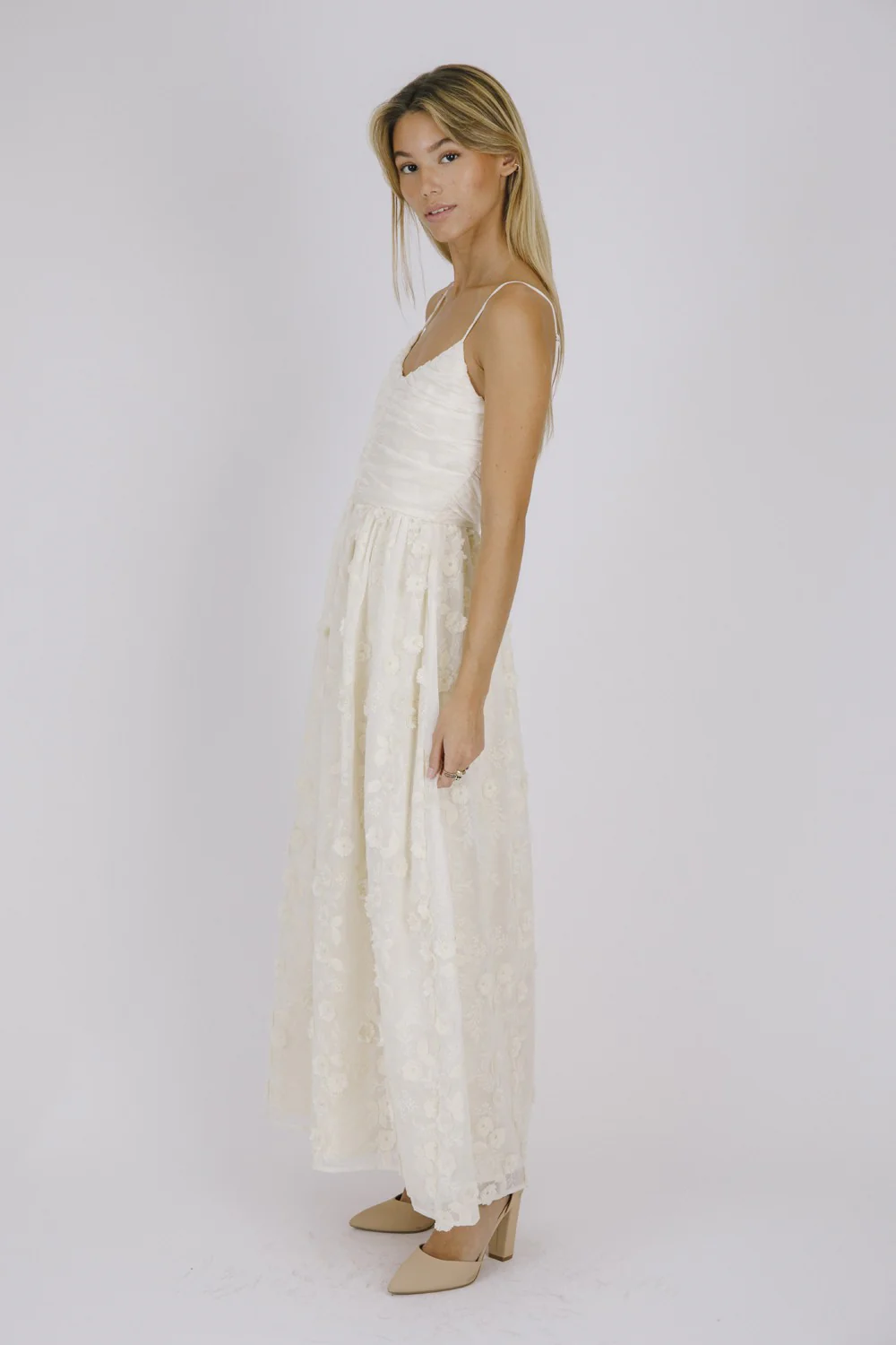 Cream Floral Monochromatic 3D Embroidered Midi Dress - Image 4