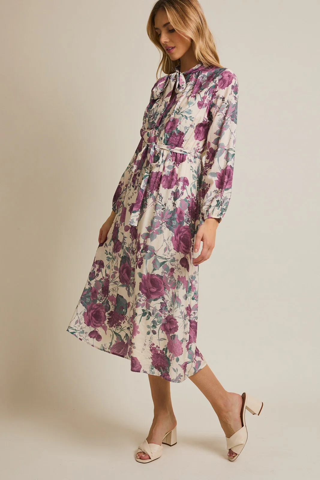 Cream Floral Neck Tie Long Sleeve Midi Dress - Image 2