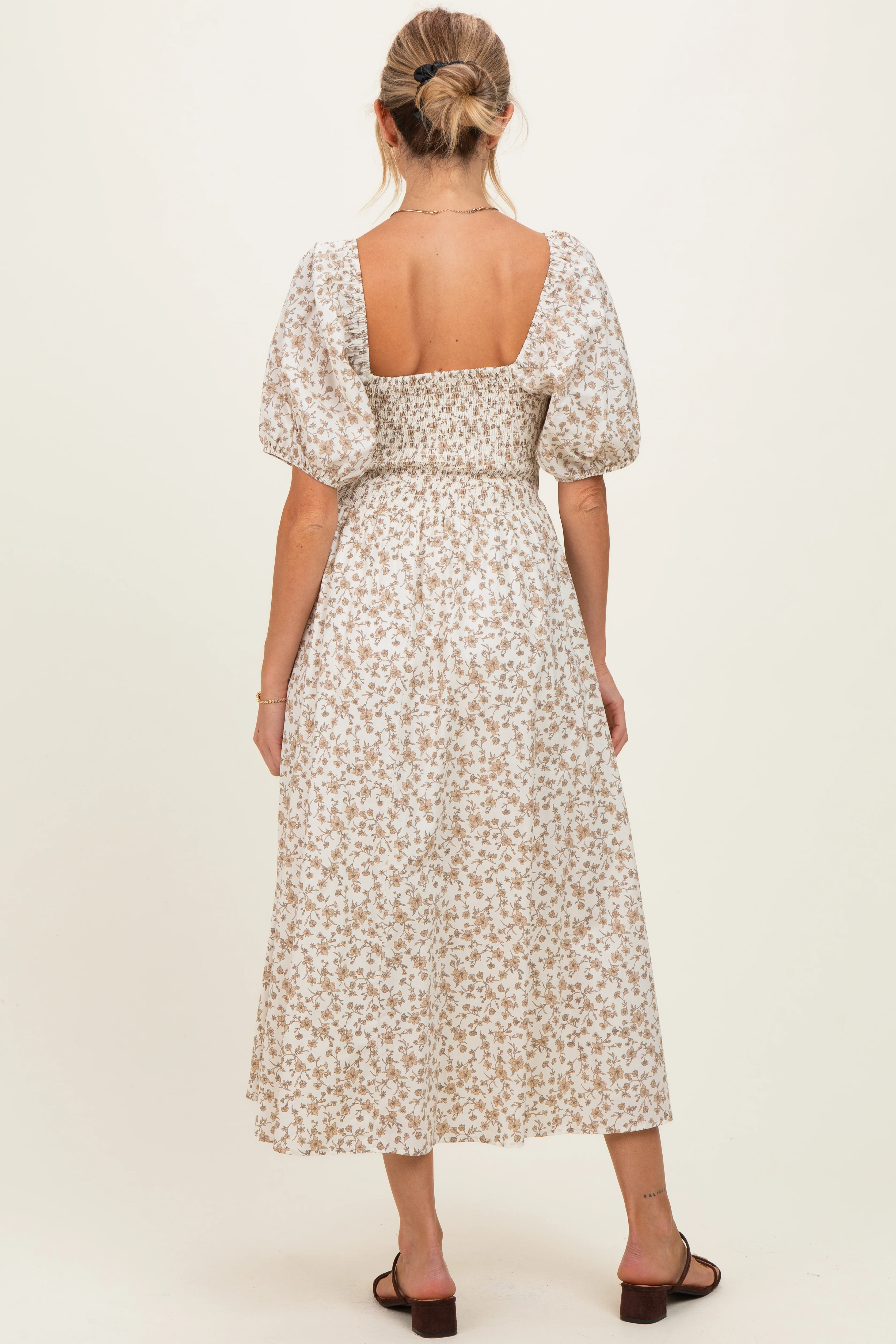 Cream Floral Puff Sleeve Maternity Midi Dress - Image 3