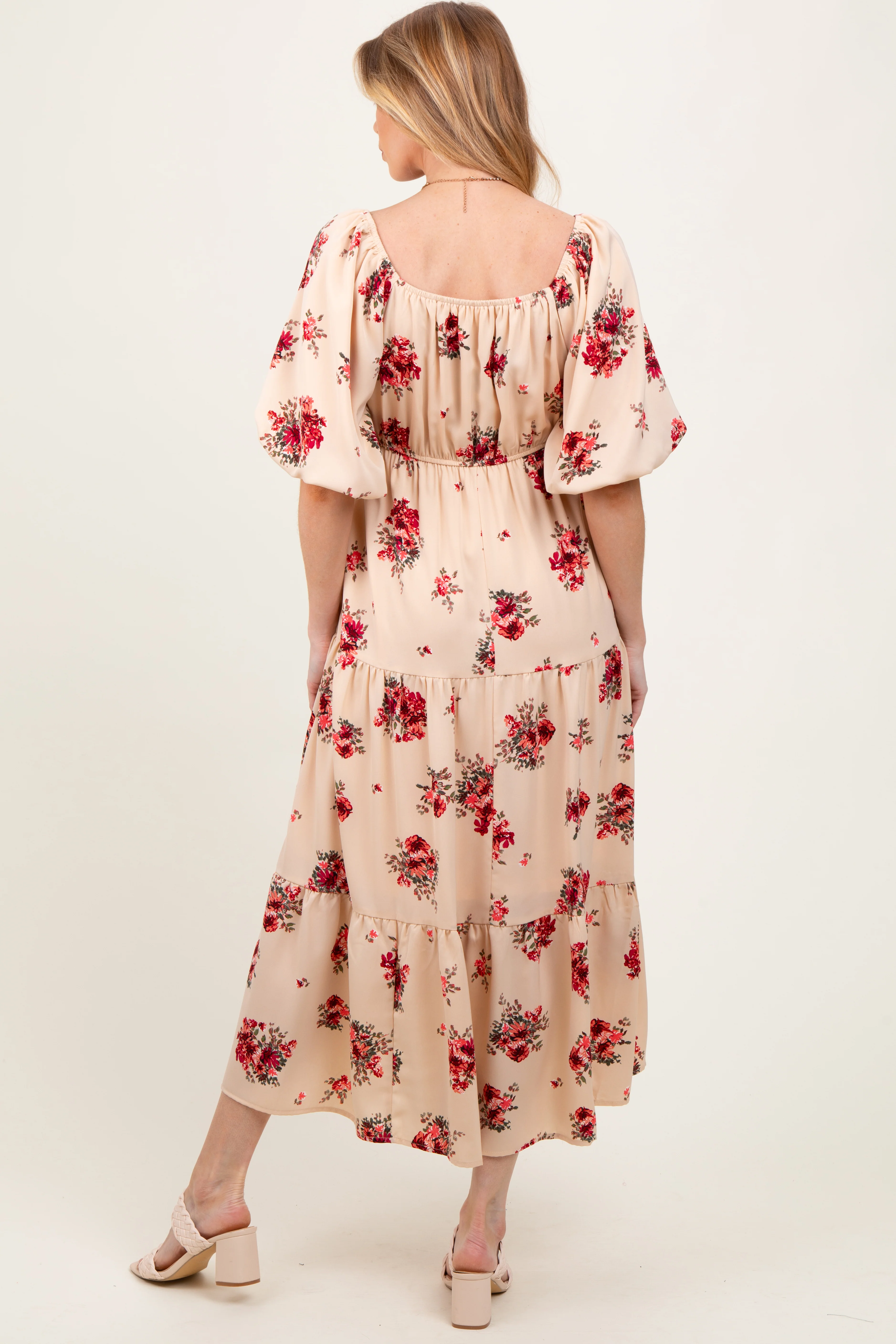 Cream Floral Puff Sleeve Maternity Tiered Maxi Dress - Image 4