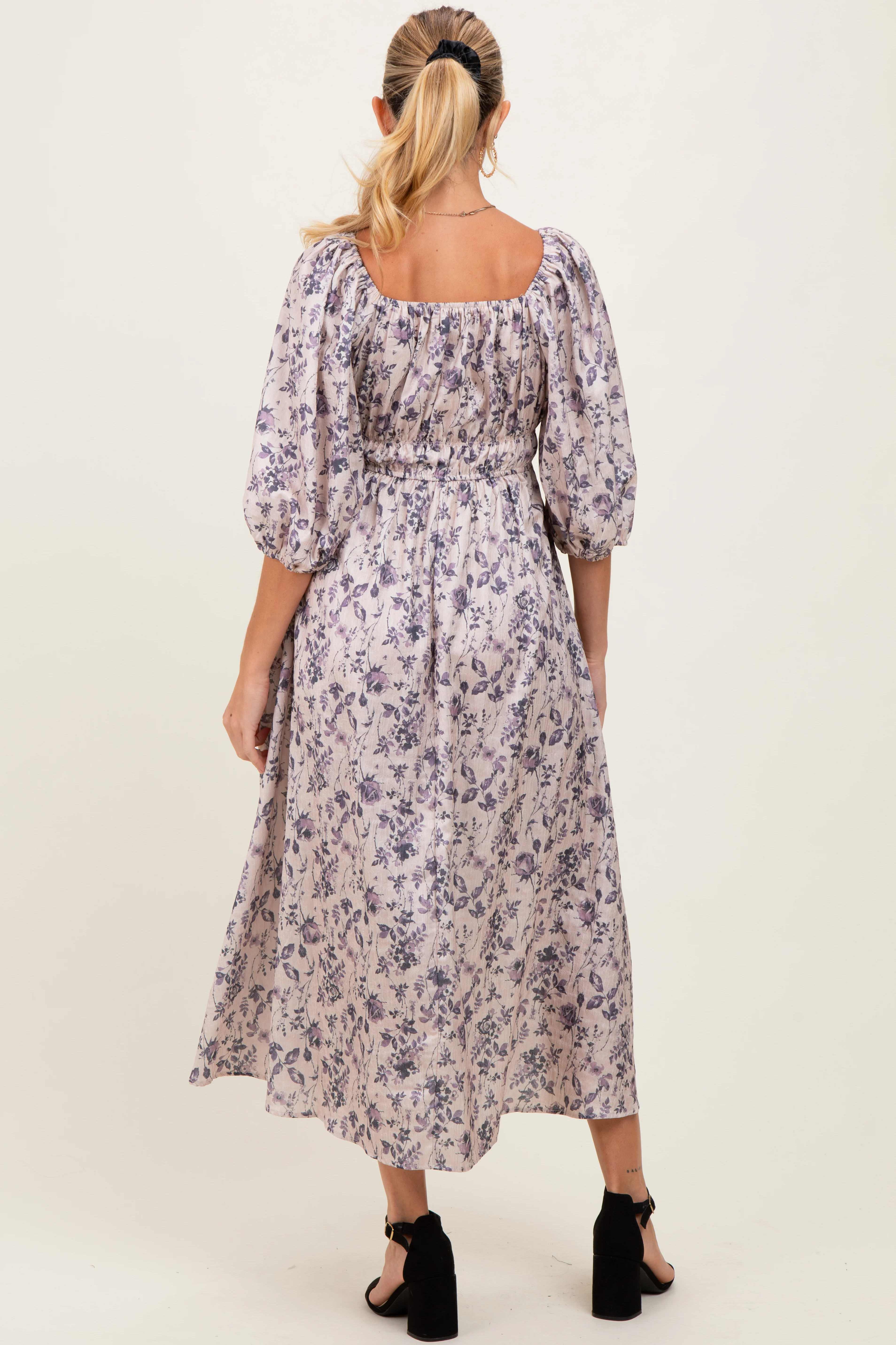 Cream Floral Puff Sleeve Smocked Waist Maternity Midi Dress - Image 3