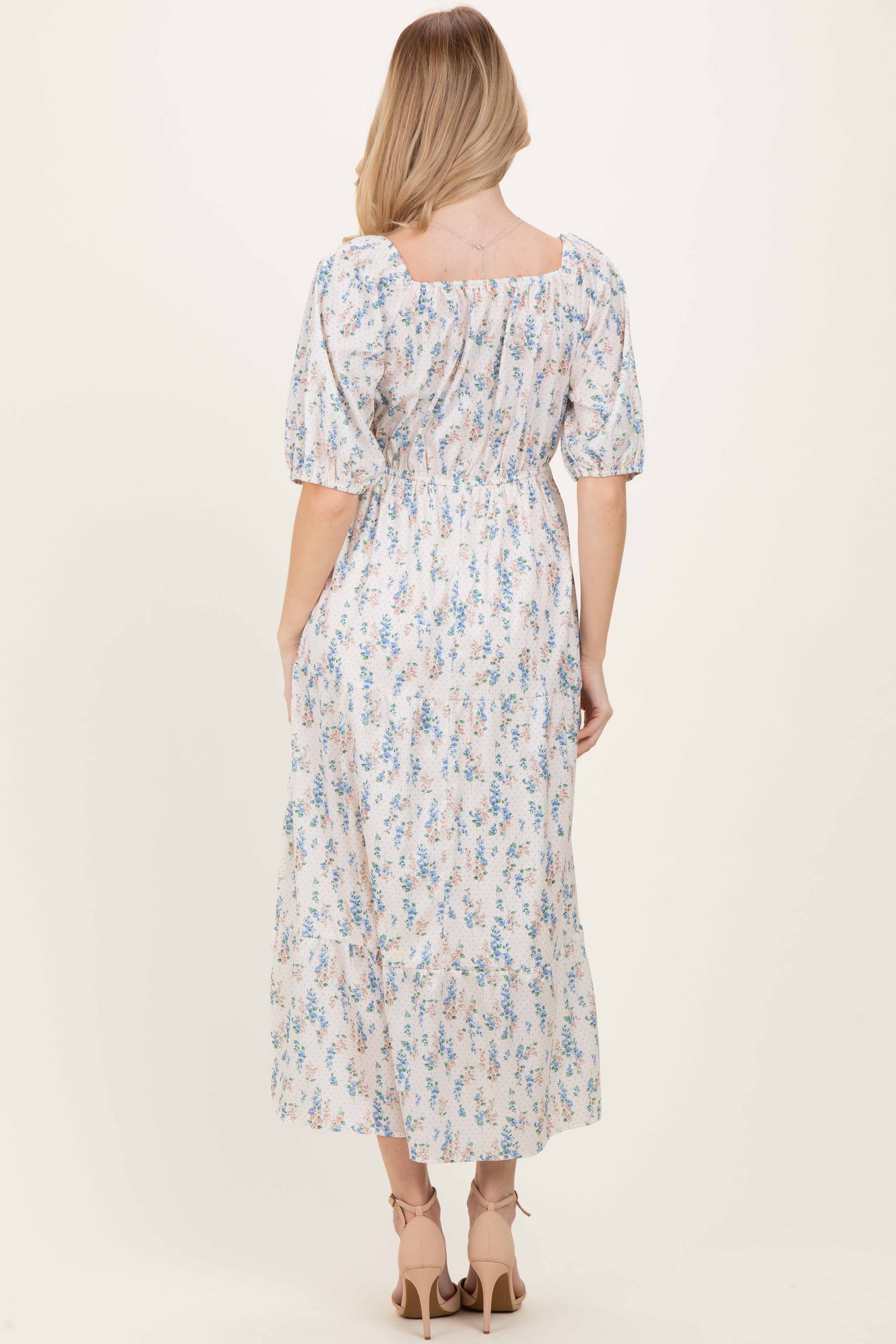 Cream Floral Puff Sleeve Tiered Maxi Dress - Image 4