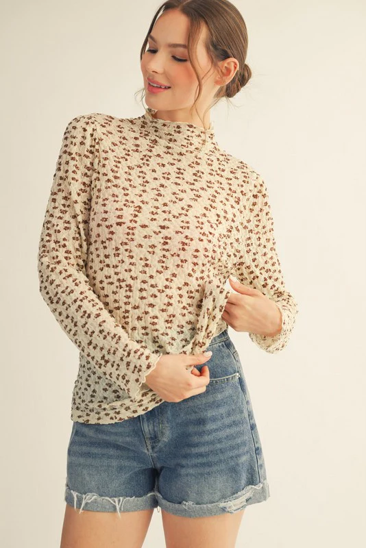 Cream Floral Sheer Mock Neck Maternity Fitted Top - Image 5