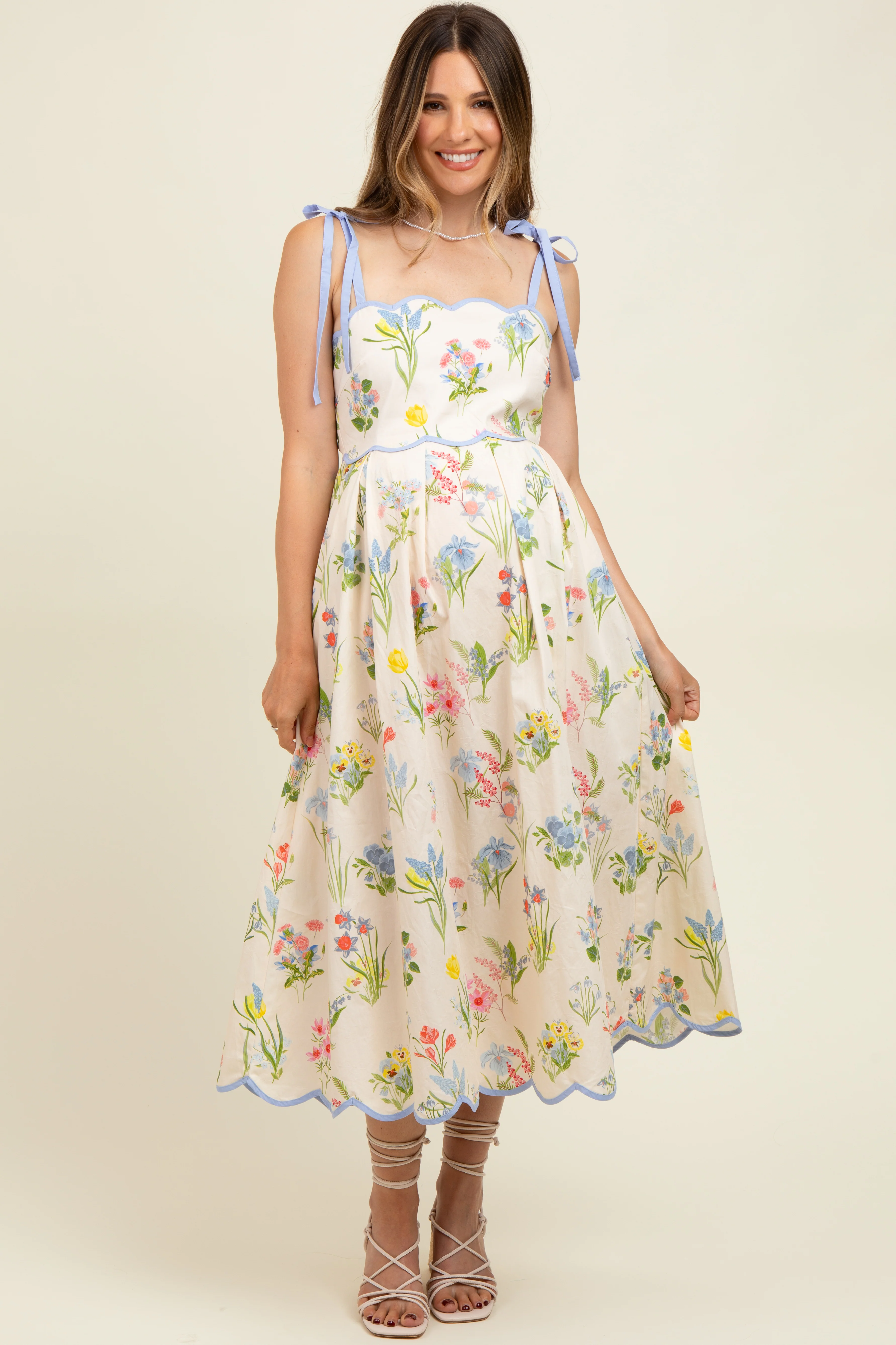 Cream Floral Shoulder Tie Scallop Trim Maternity Midi Dress - Image 2