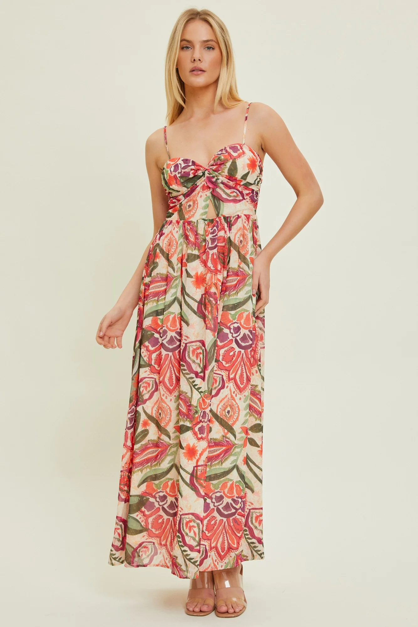 Cream Floral Sleeveless Front Cutout Maternity Midi Dress - Image 8