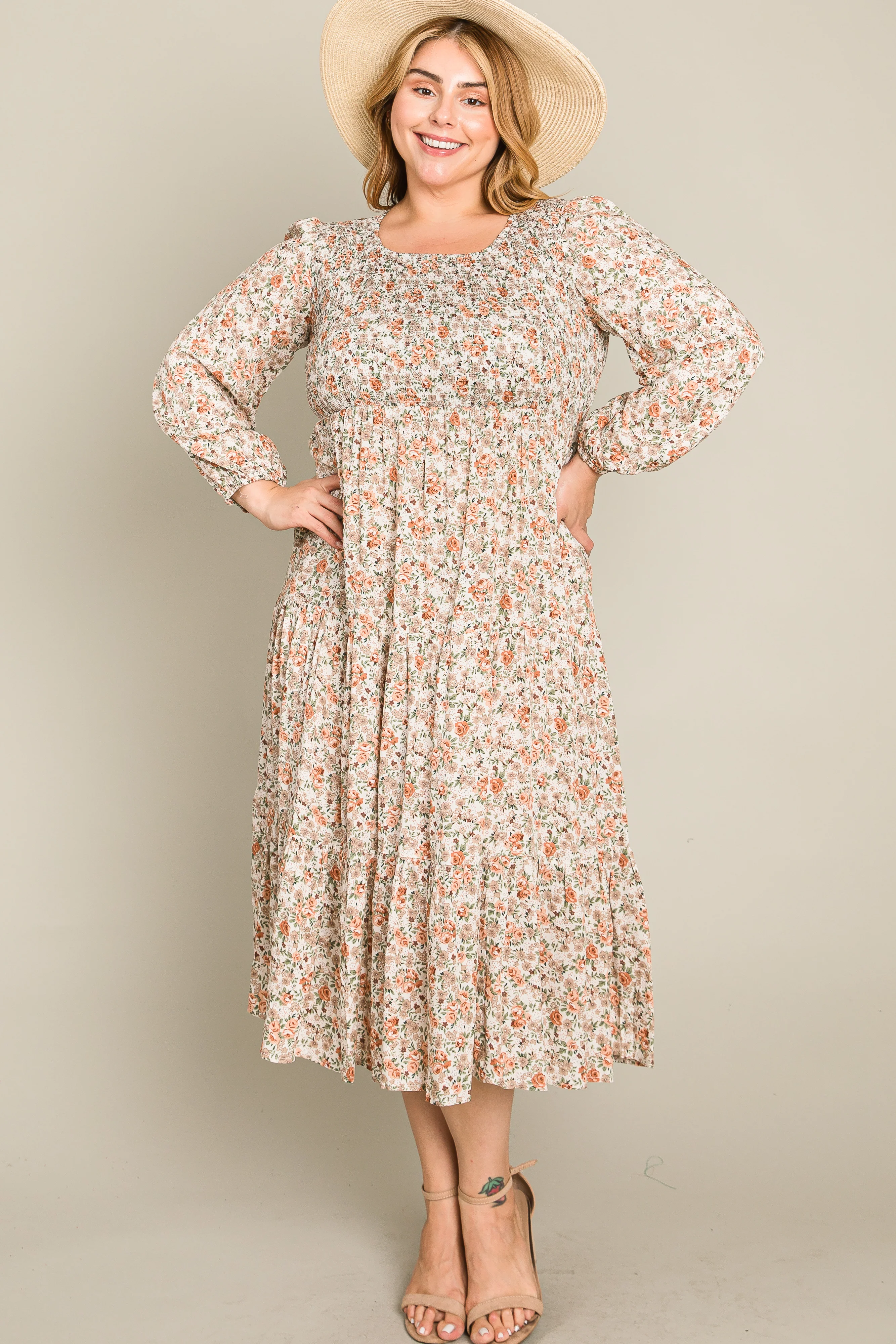 Cream Floral Smocked 3/4 Sleeve Plus Midi Dress - Image 3
