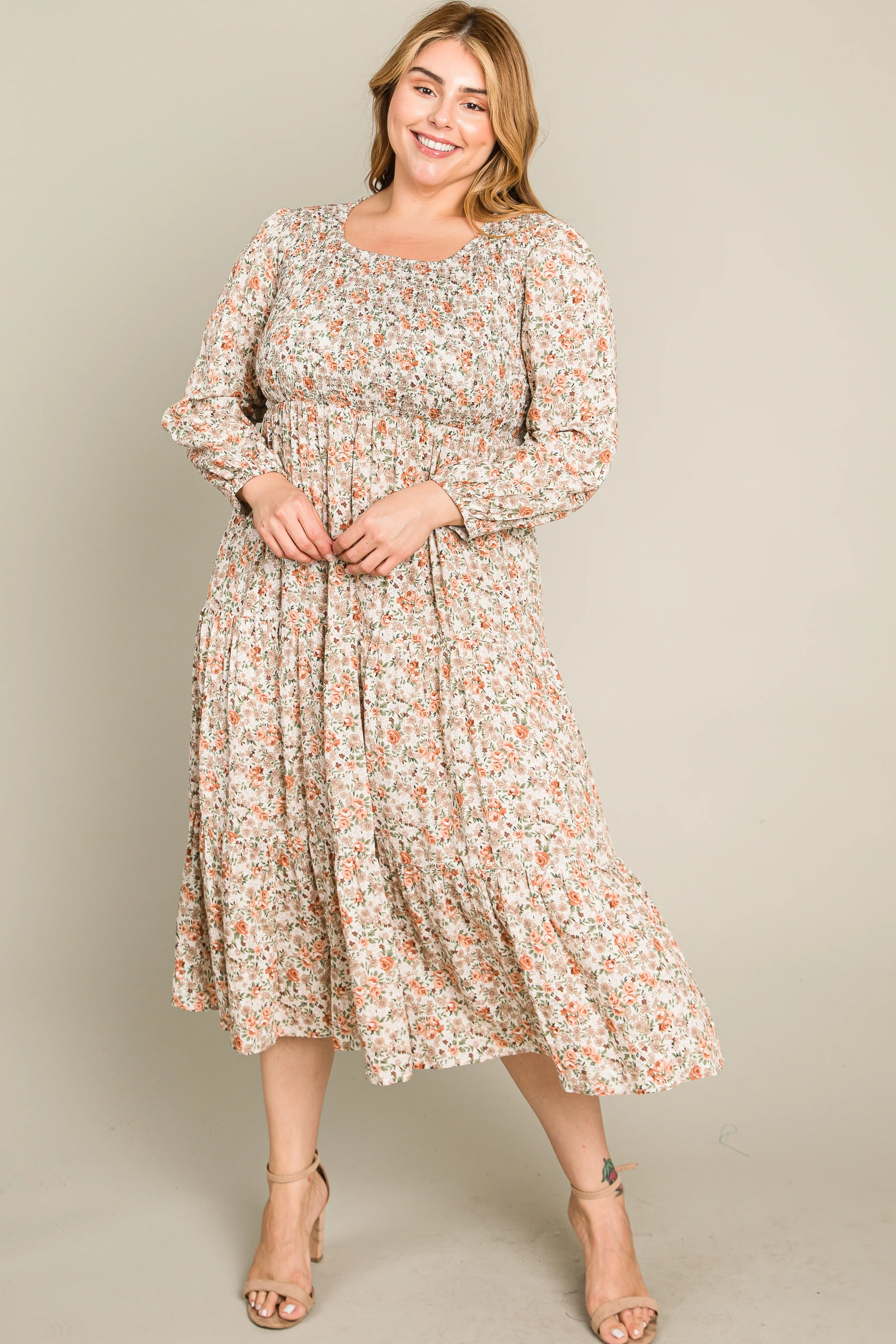 Cream Floral Smocked 3/4 Sleeve Plus Midi Dress - Image 6