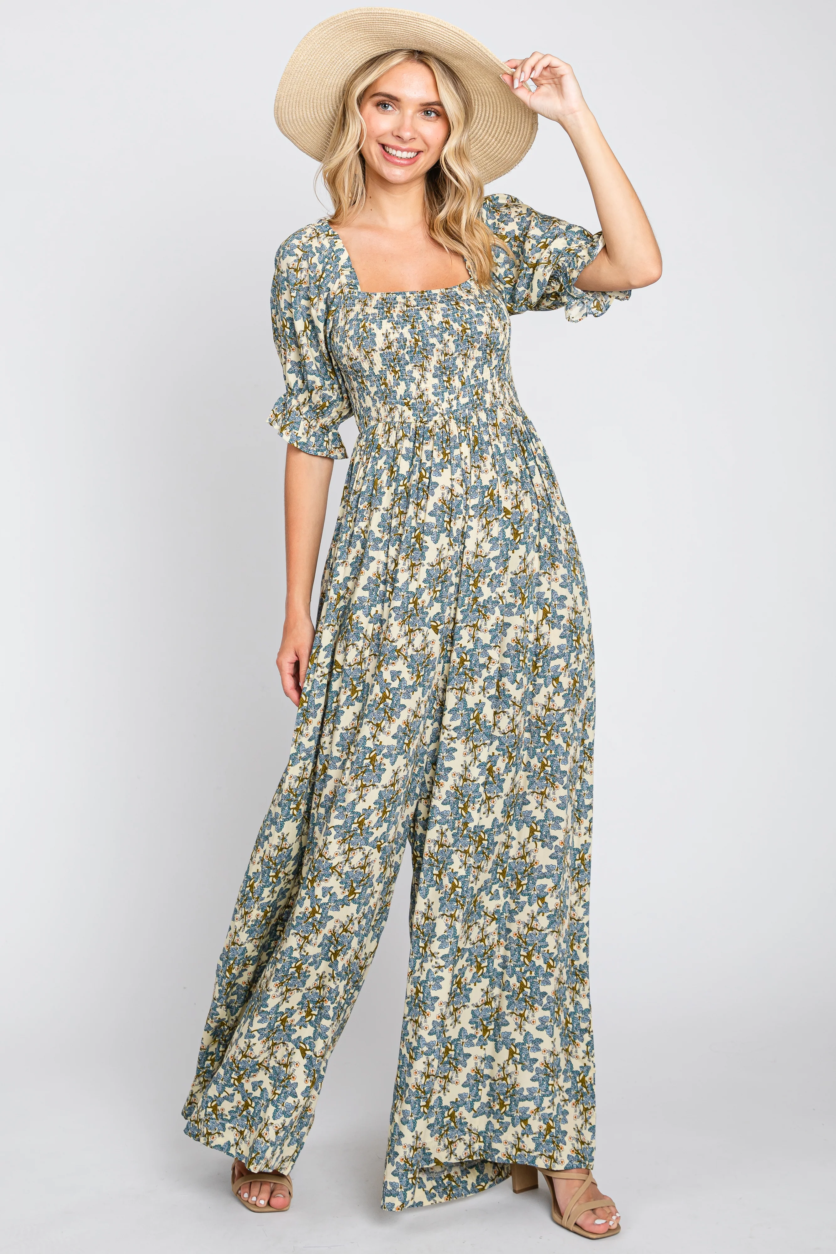 Cream Floral Smocked Jumpsuit - Image 5