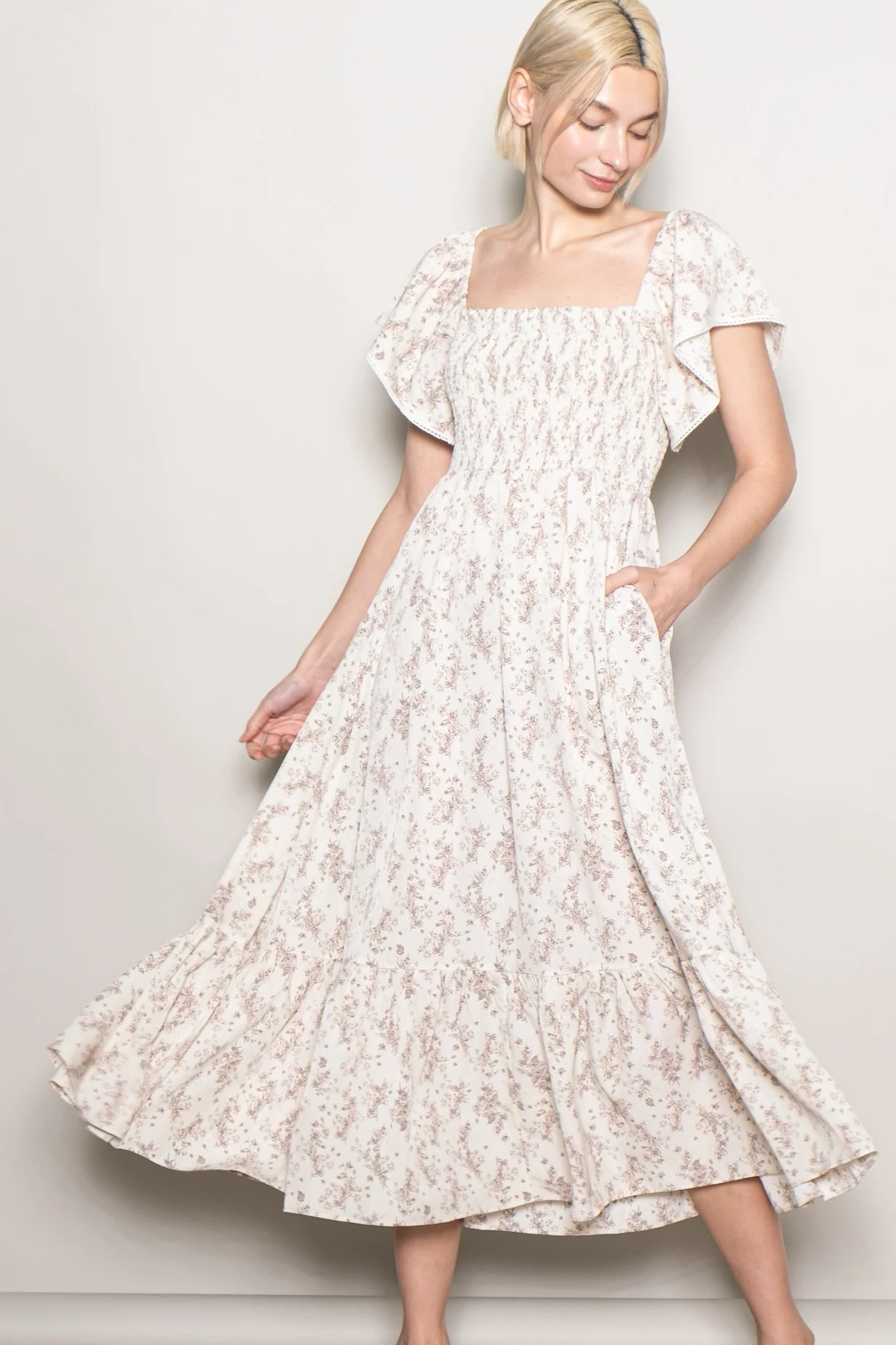 Cream Floral Smocked Lace Trim Flutter Sleeve Maternity Midi Dress - Image 3