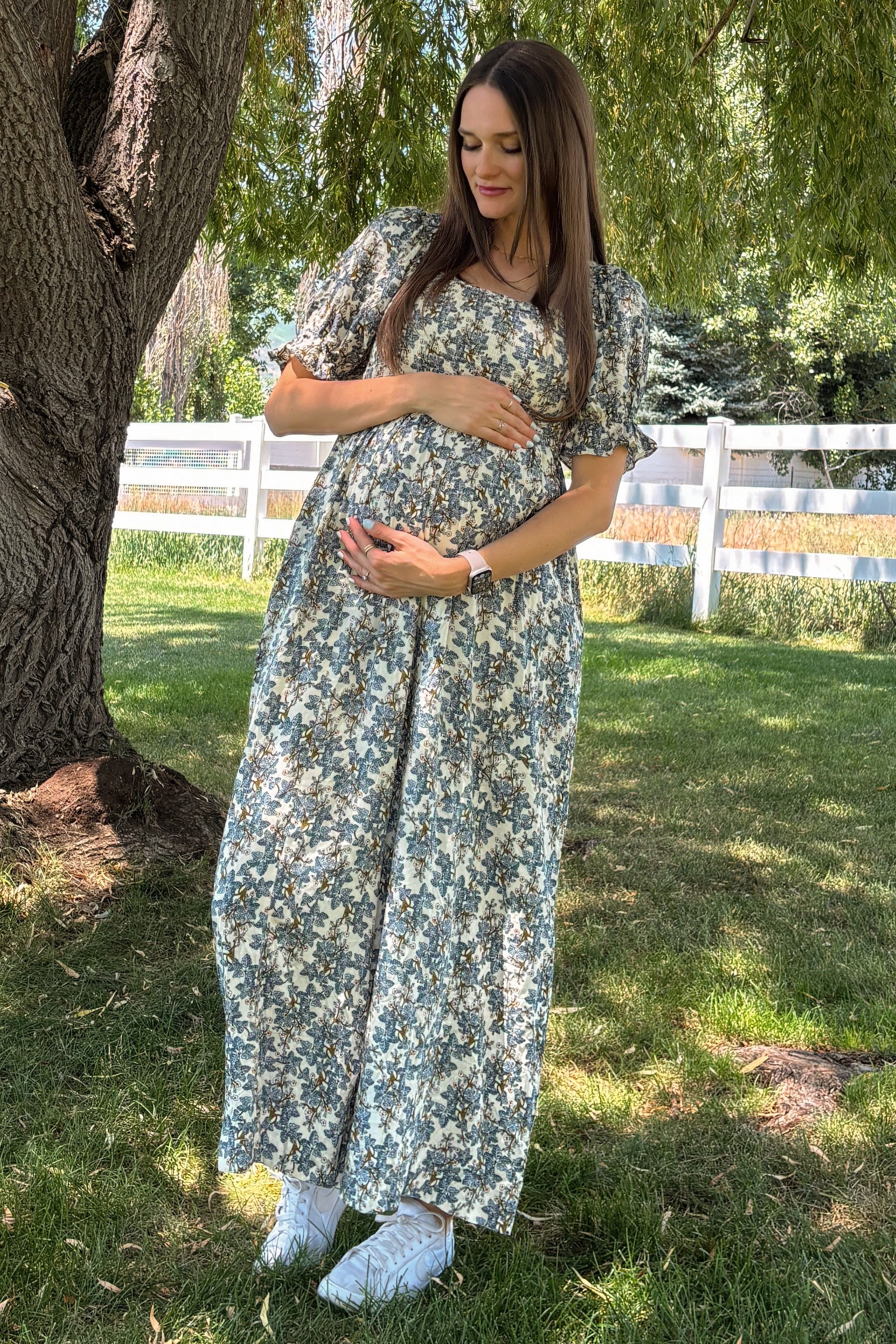 Cream Floral Smocked Maternity Jumpsuit - Image 10