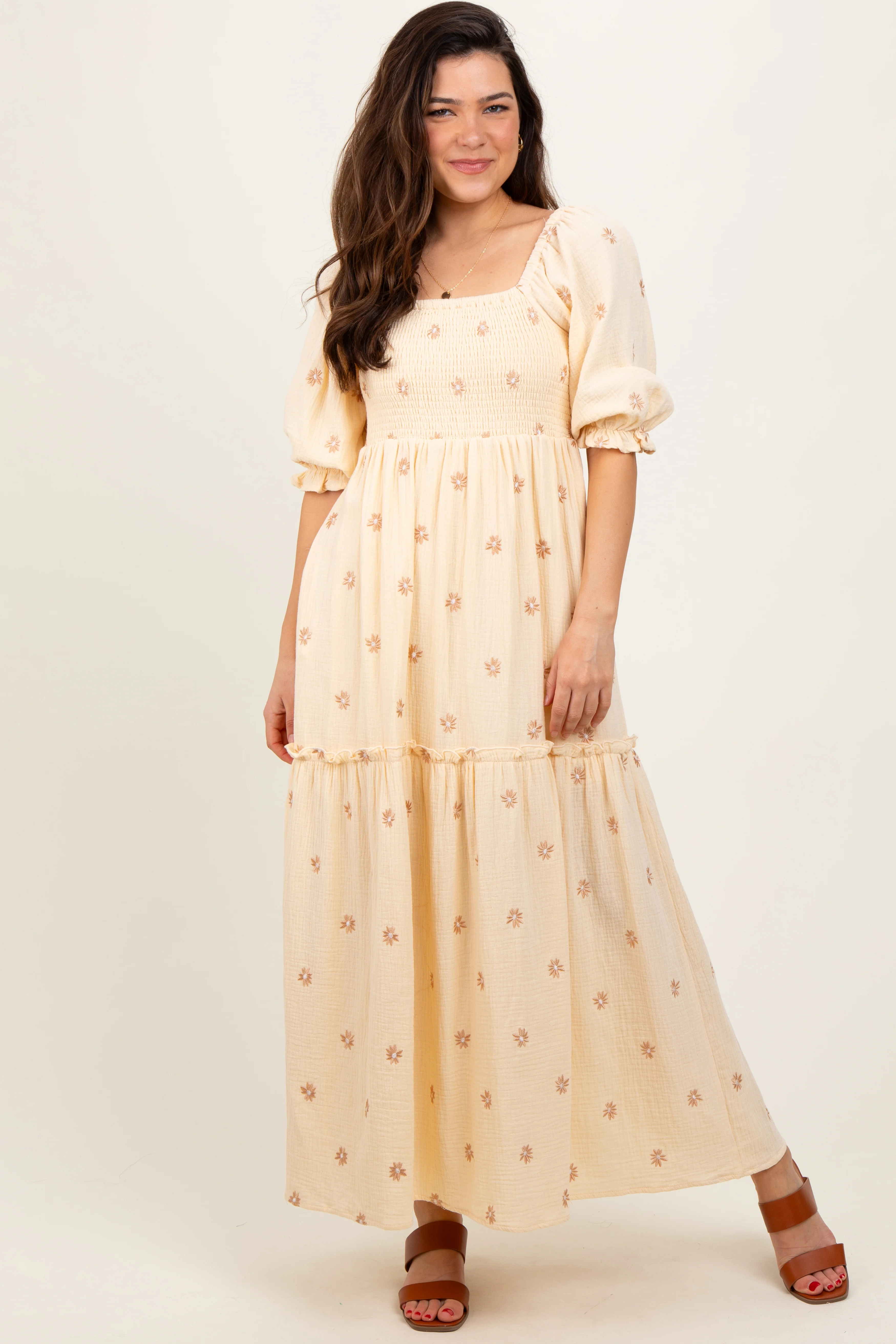 Cream Floral Smocked Puff Sleeve Maternity Maxi Dress - Image 7