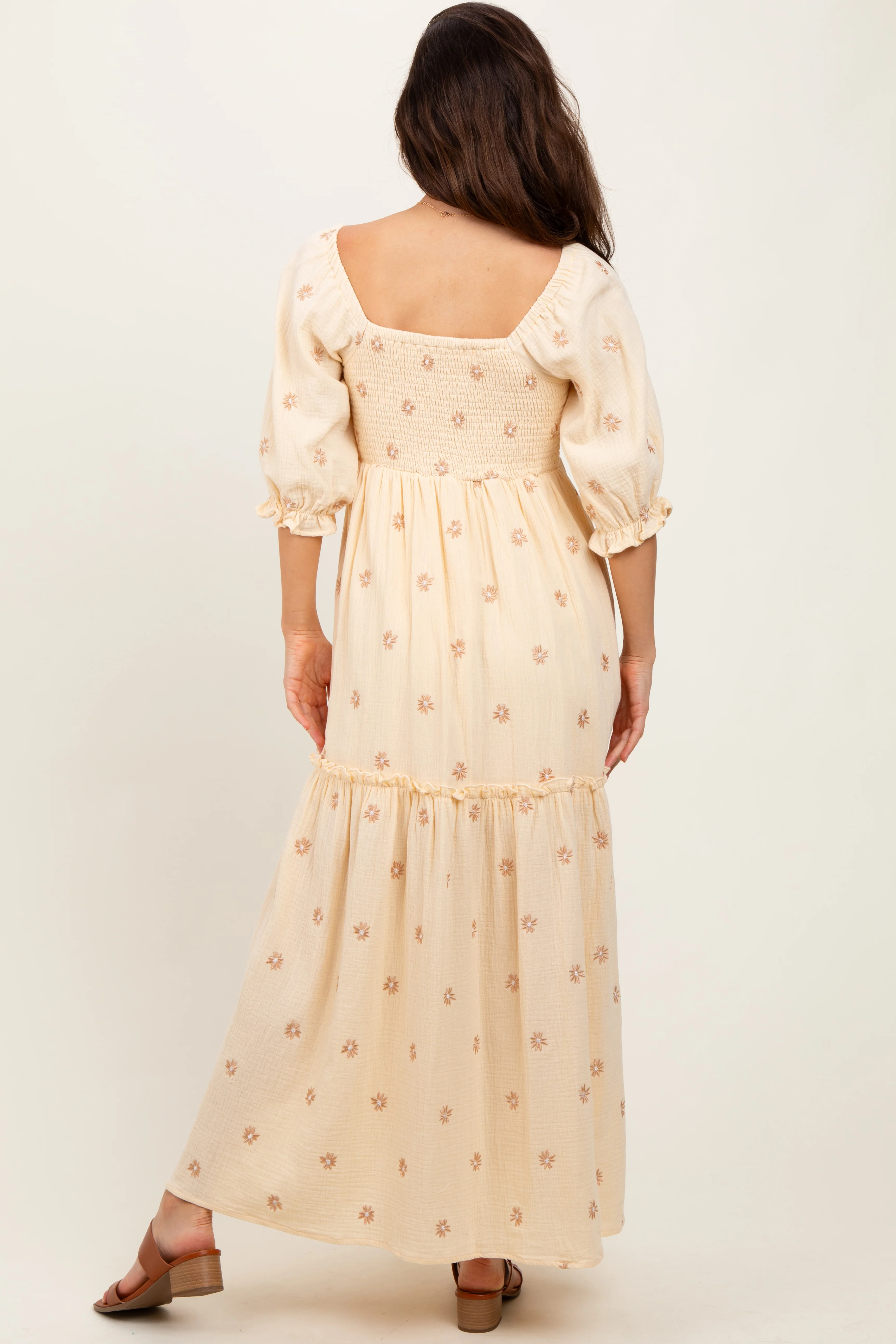 Cream Floral Smocked Puff Sleeve Maxi Dress - Image 4