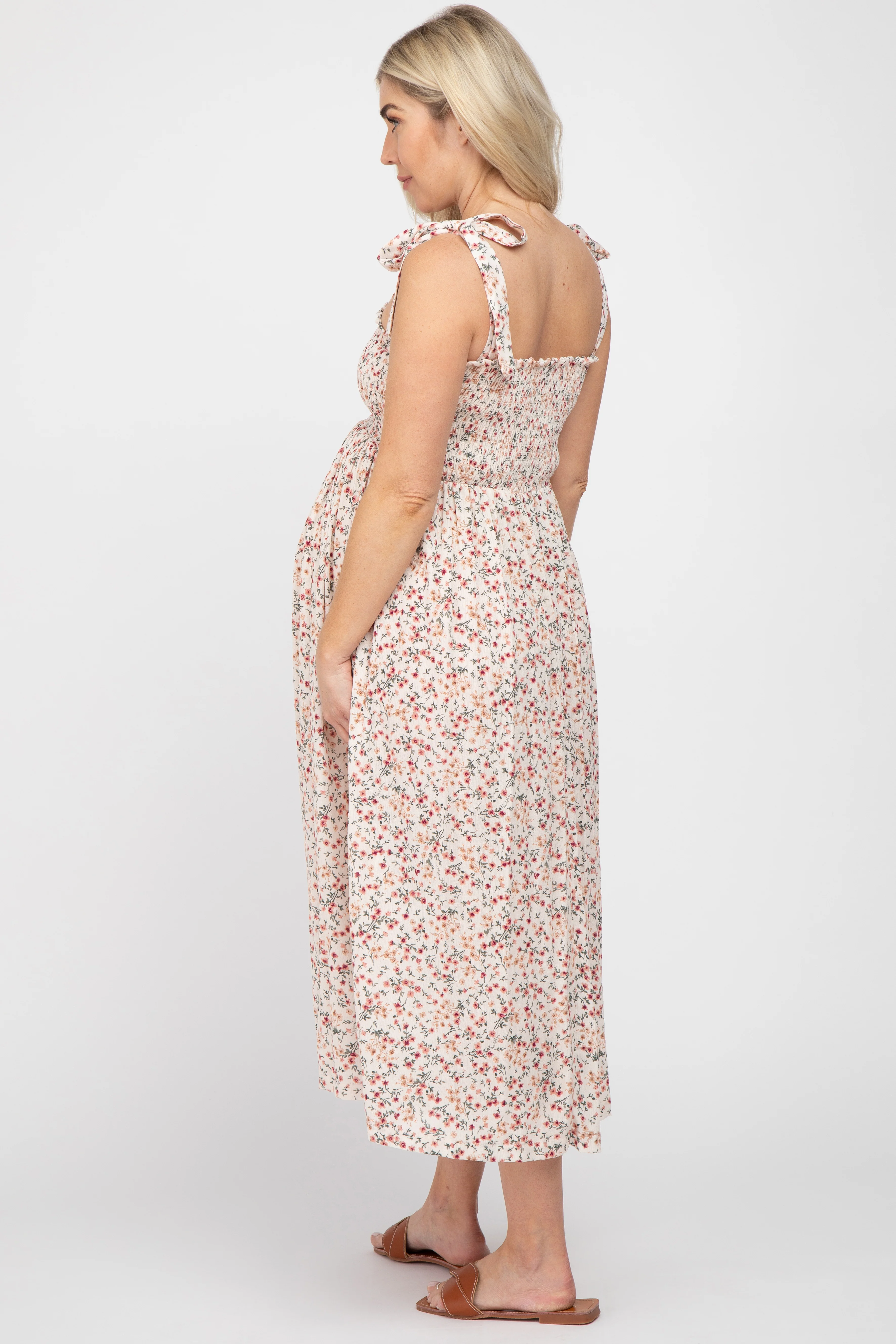 Cream Floral Smocked Tie Strap Maternity Midi Dress - Image 3