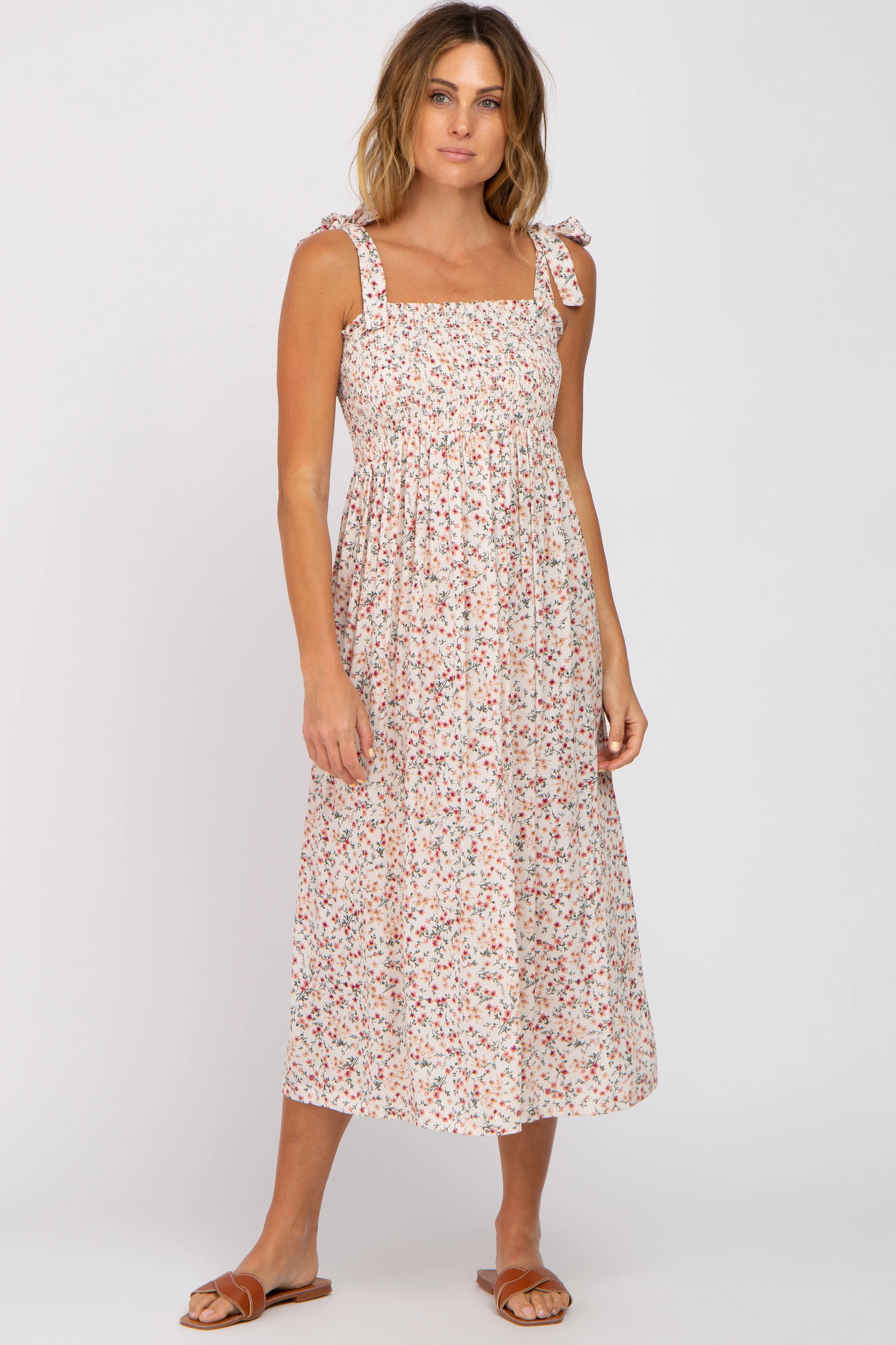 Cream Floral Smocked Tie Strap Maternity Midi Dress - Image 4
