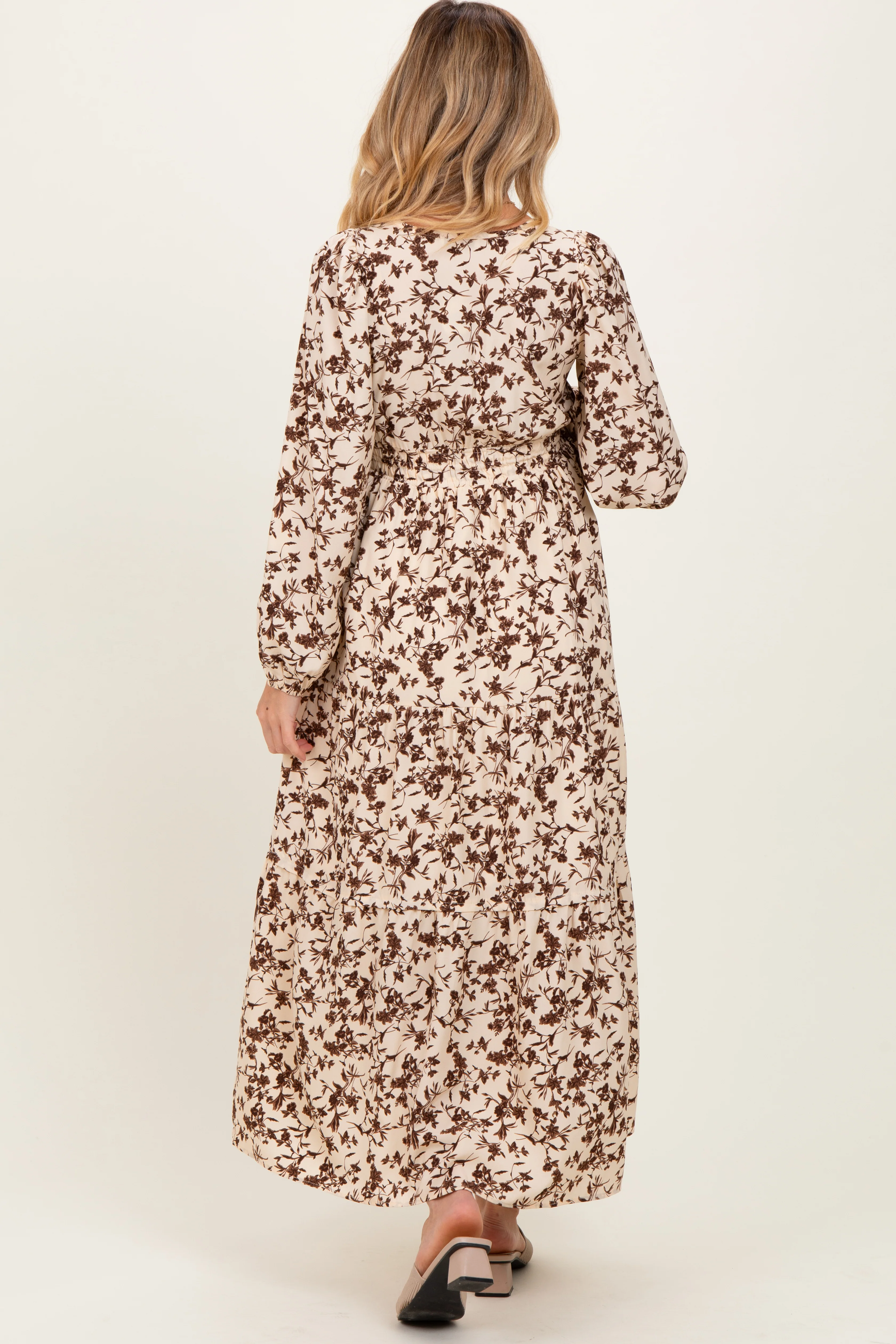 Cream Floral Smocked Waist Long Sleeve Maternity Midi Dress - Image 4