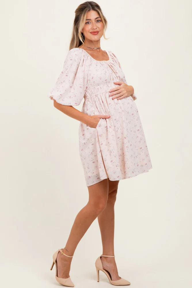 Cream Floral Square Neck Bubble Sleeve Maternity Dress - Image 3