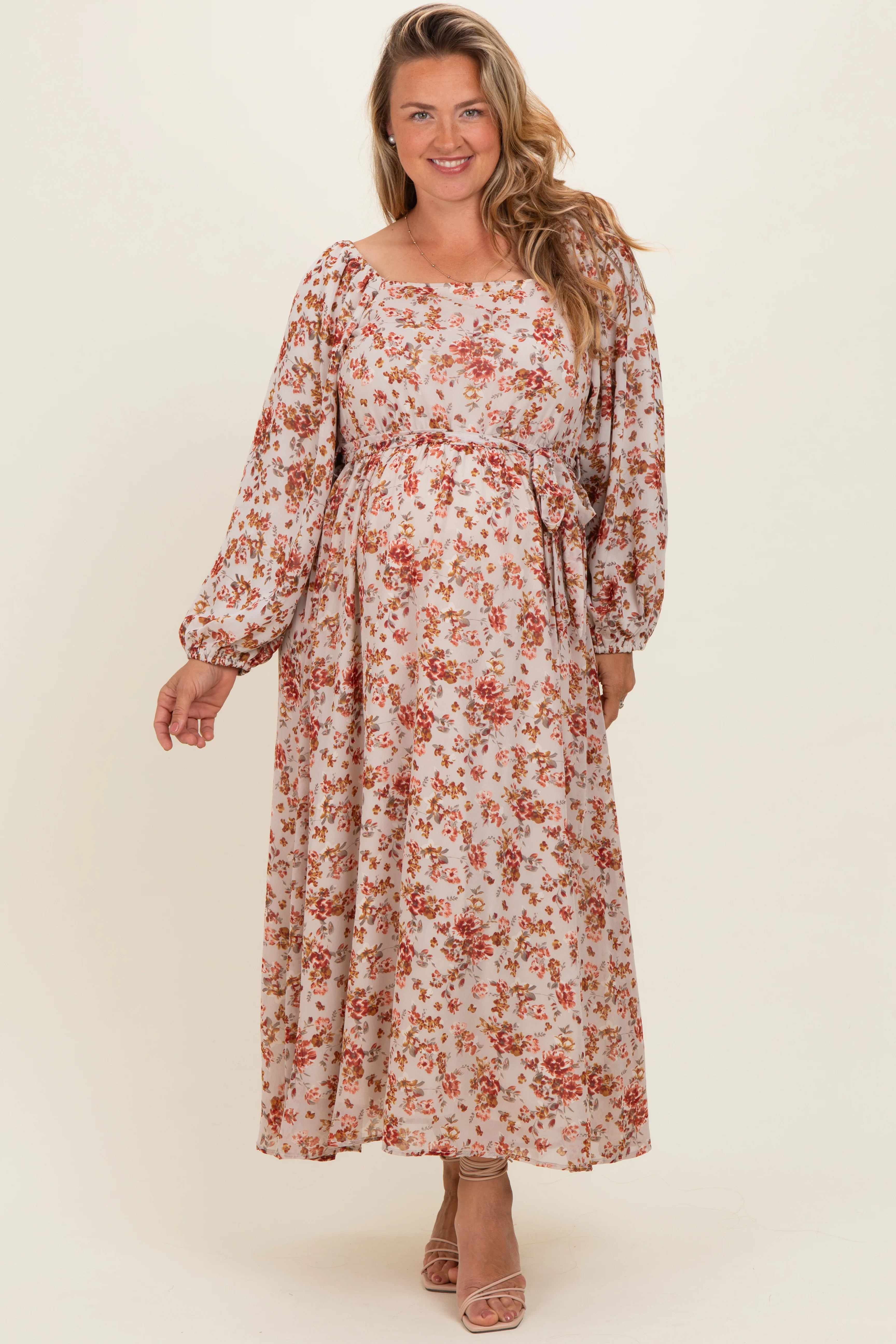 Cream Floral Square Neck Front Tie Maternity Plus Midi Dress