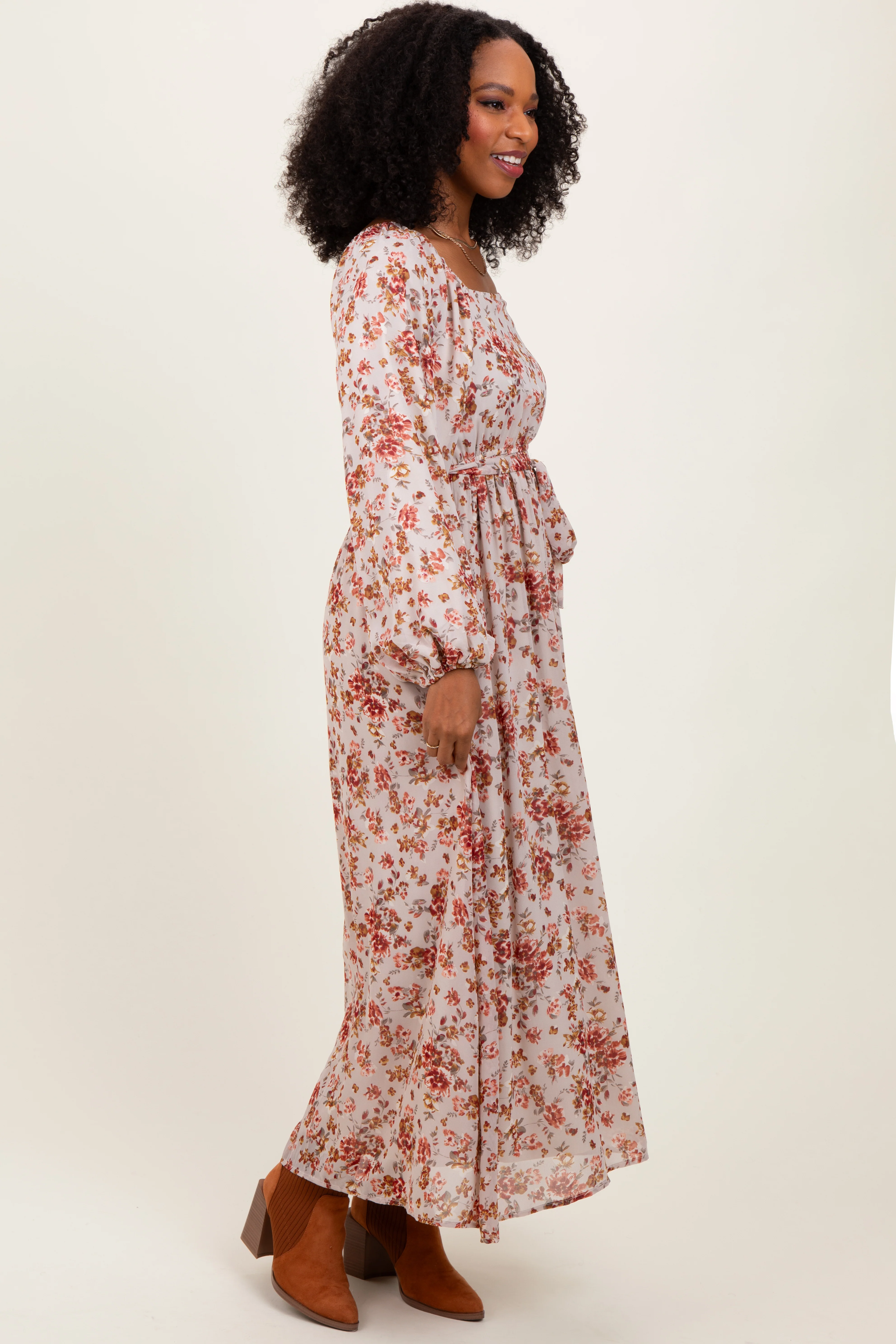 Cream Floral Square Neck Front Tie Midi Dress - Image 2