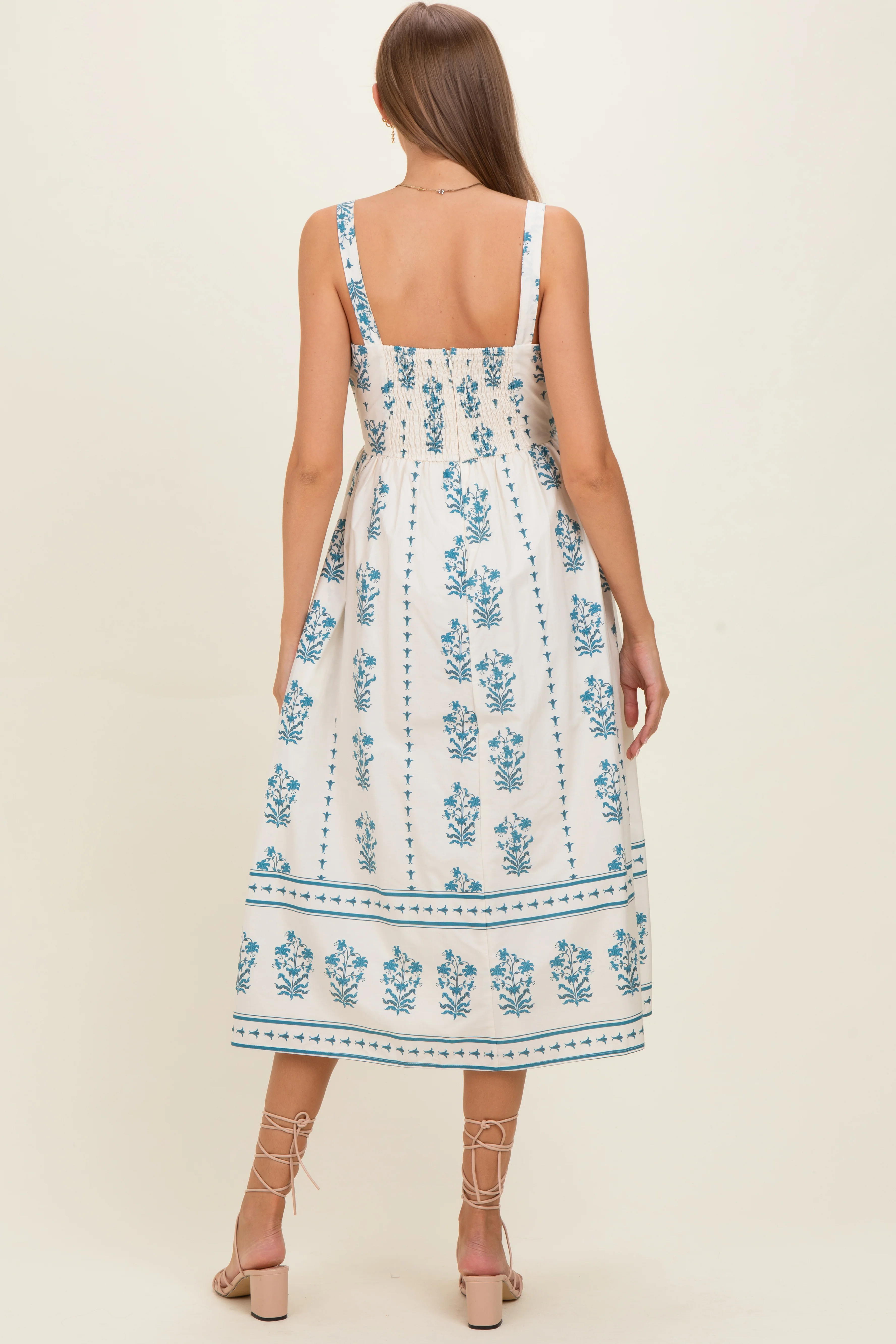Cream Floral Square Neck Maternity Midi Dress - Image 3