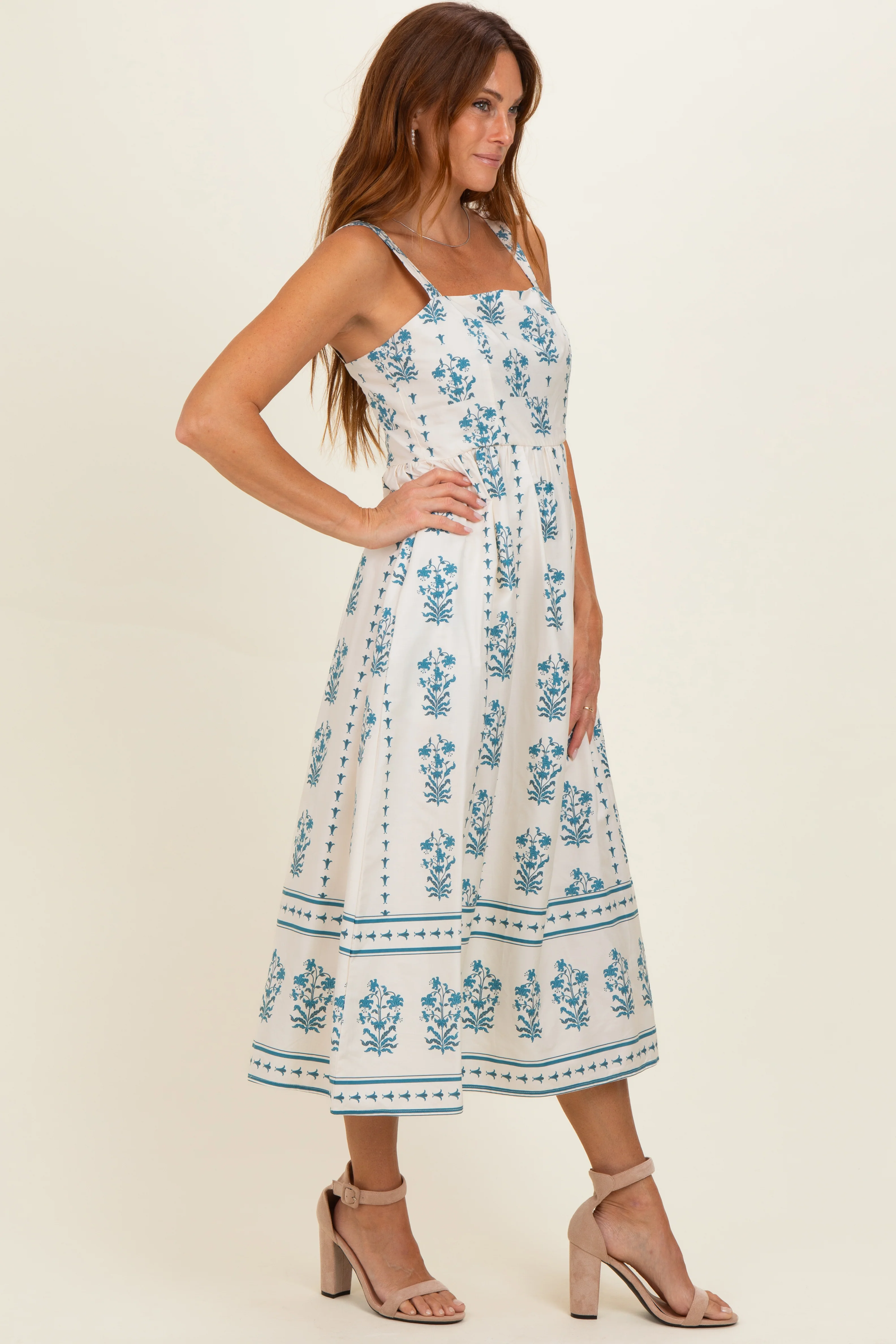 Cream Floral Square Neck Midi Dress - Image 2
