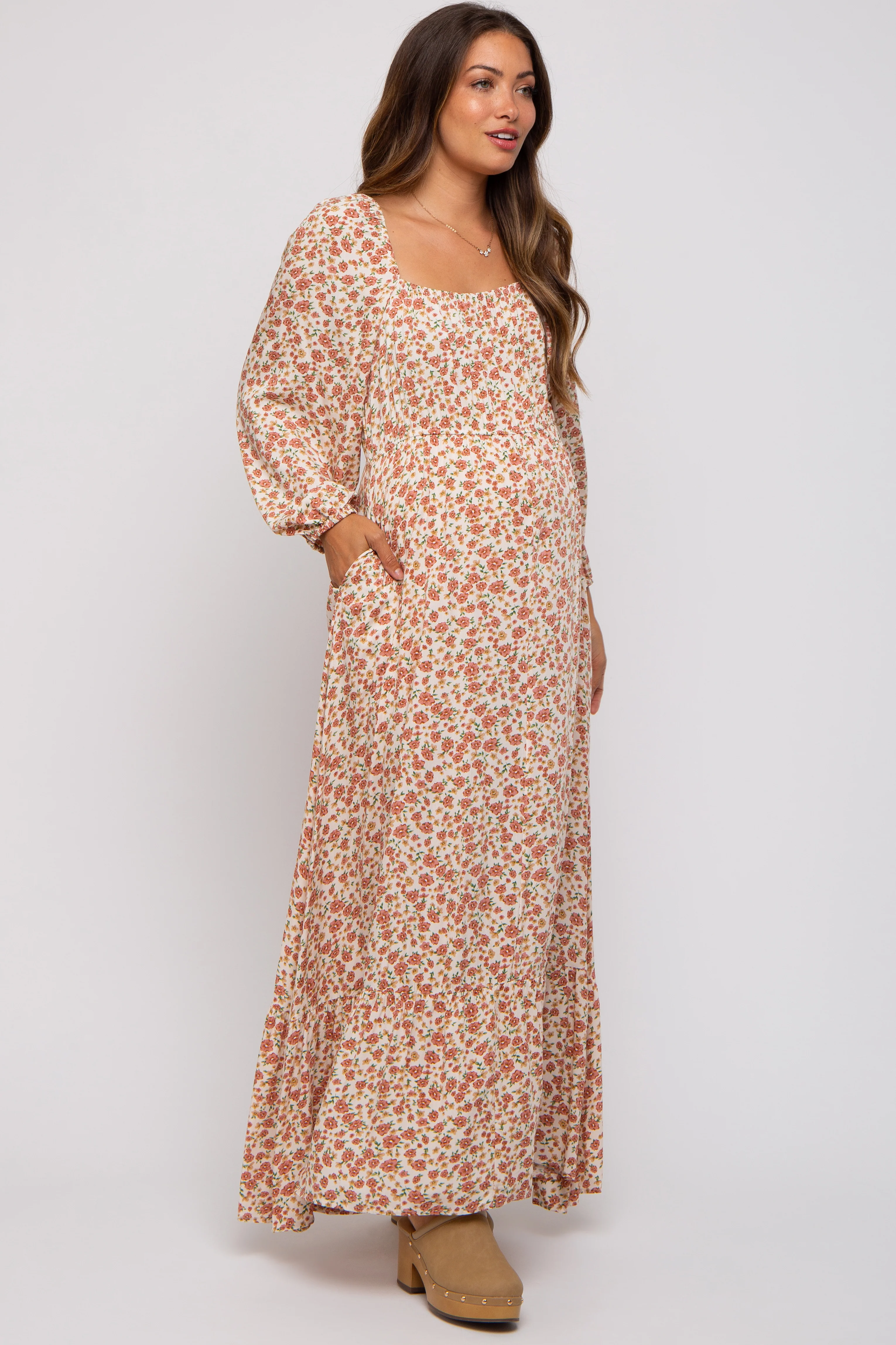 Cream Floral Square Neck Ruffle Maternity Maxi Dress - Image 4