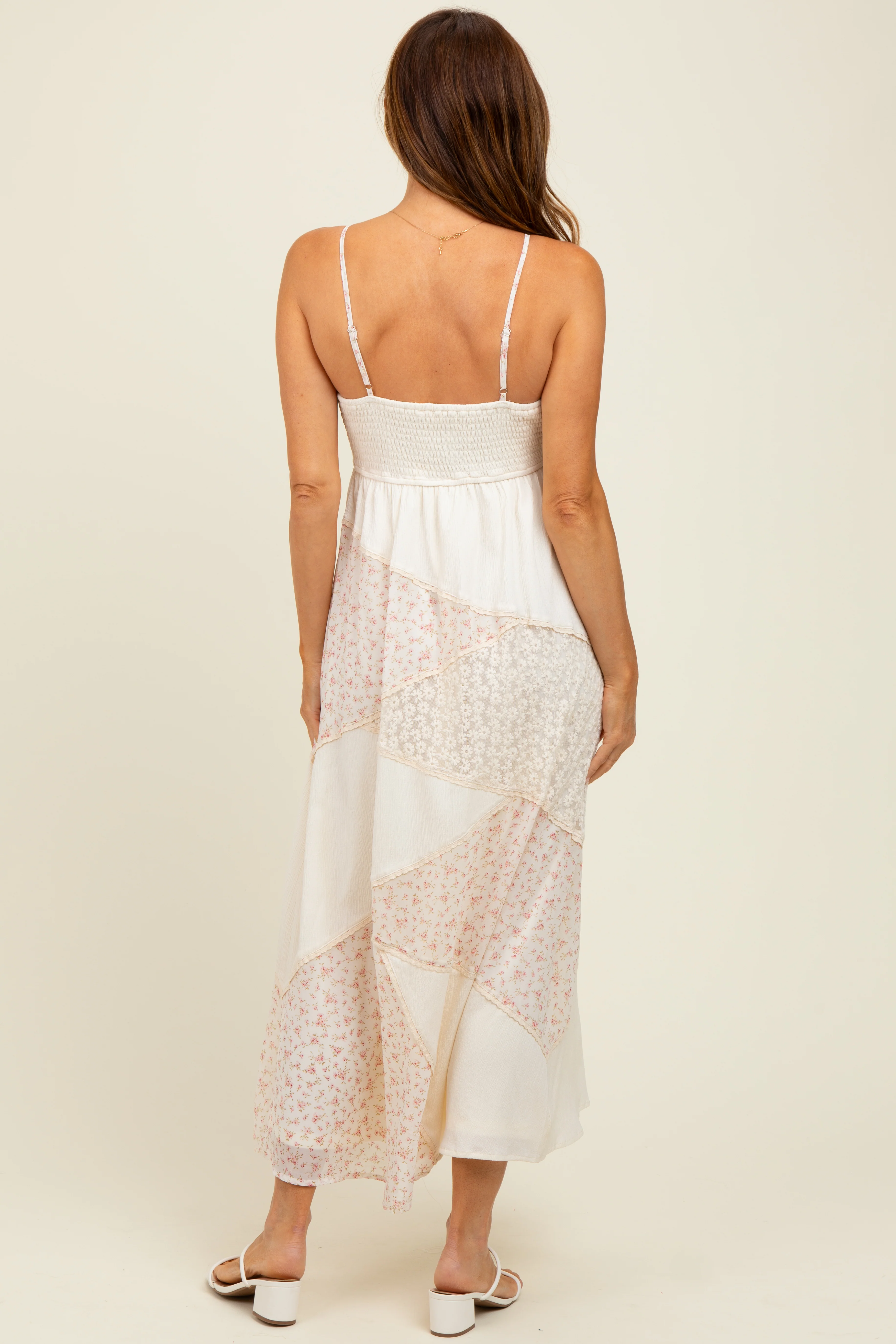 Cream Floral Sweetheart Neck Midi Dress - Image 4