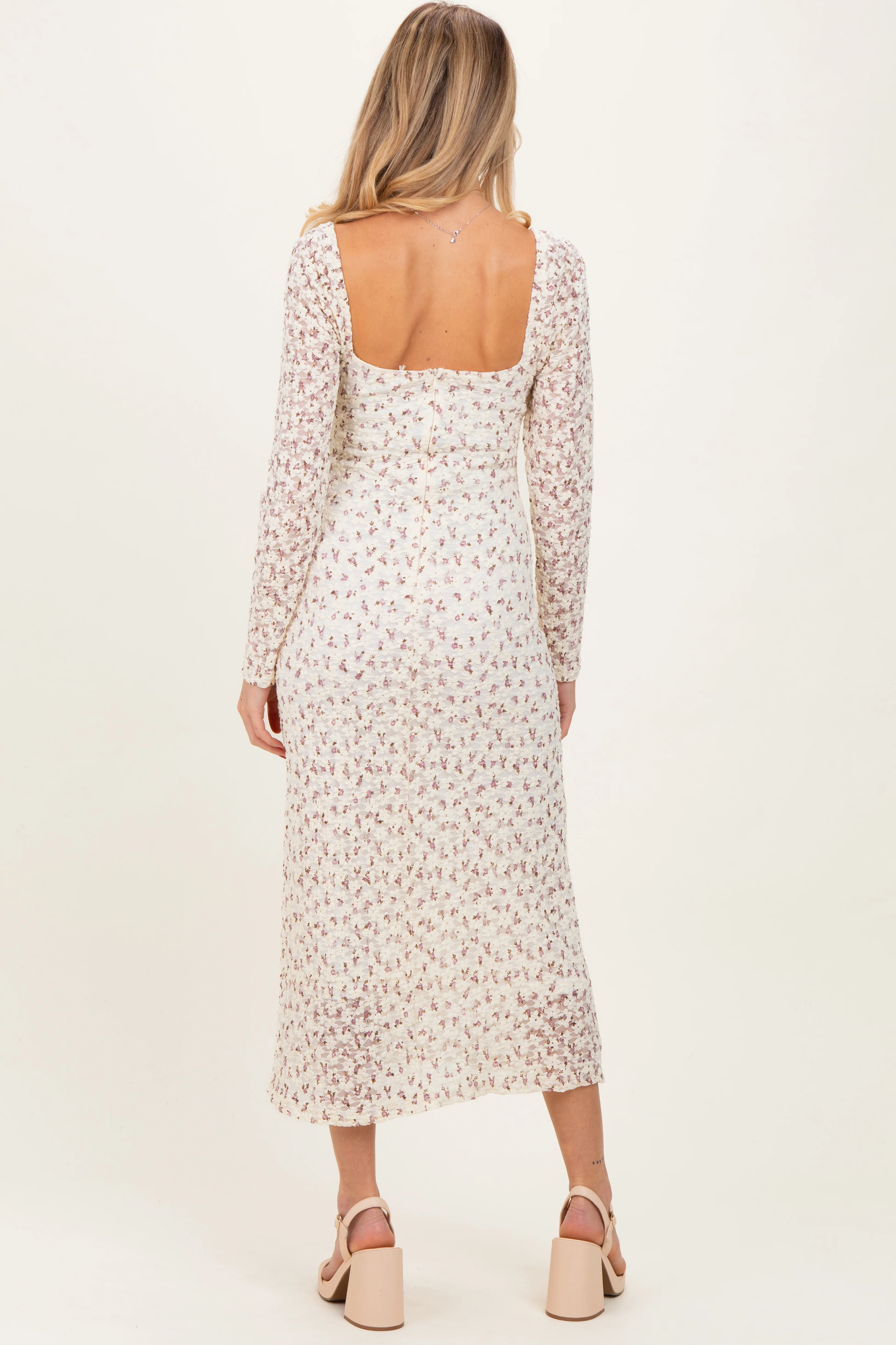 Cream Floral Sweetheart Neckline Long Sleeve Maternity Maxi Dress - Image 4