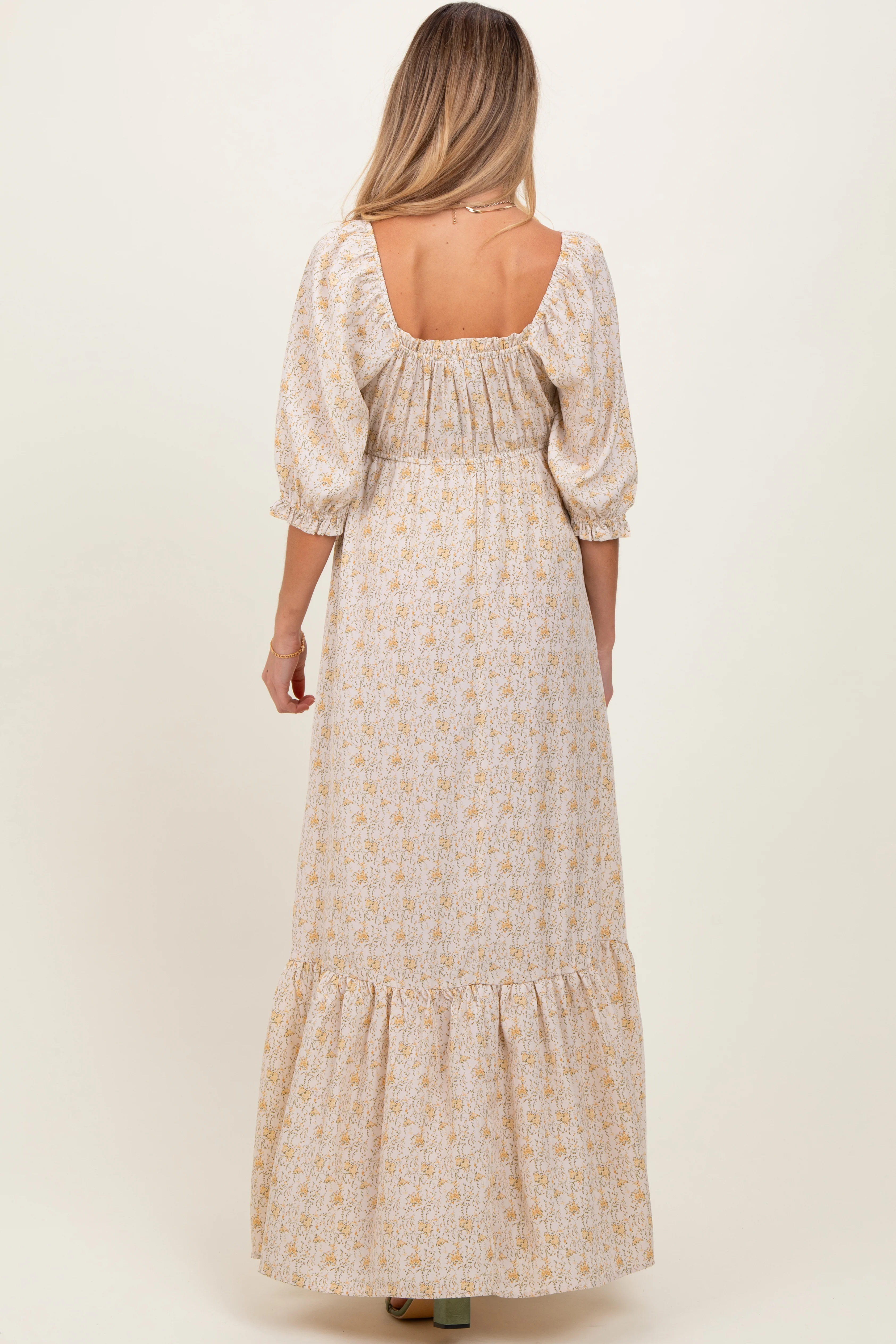 Cream Floral Sweetheart Neckline Maternity Maxi Dress - Image 4