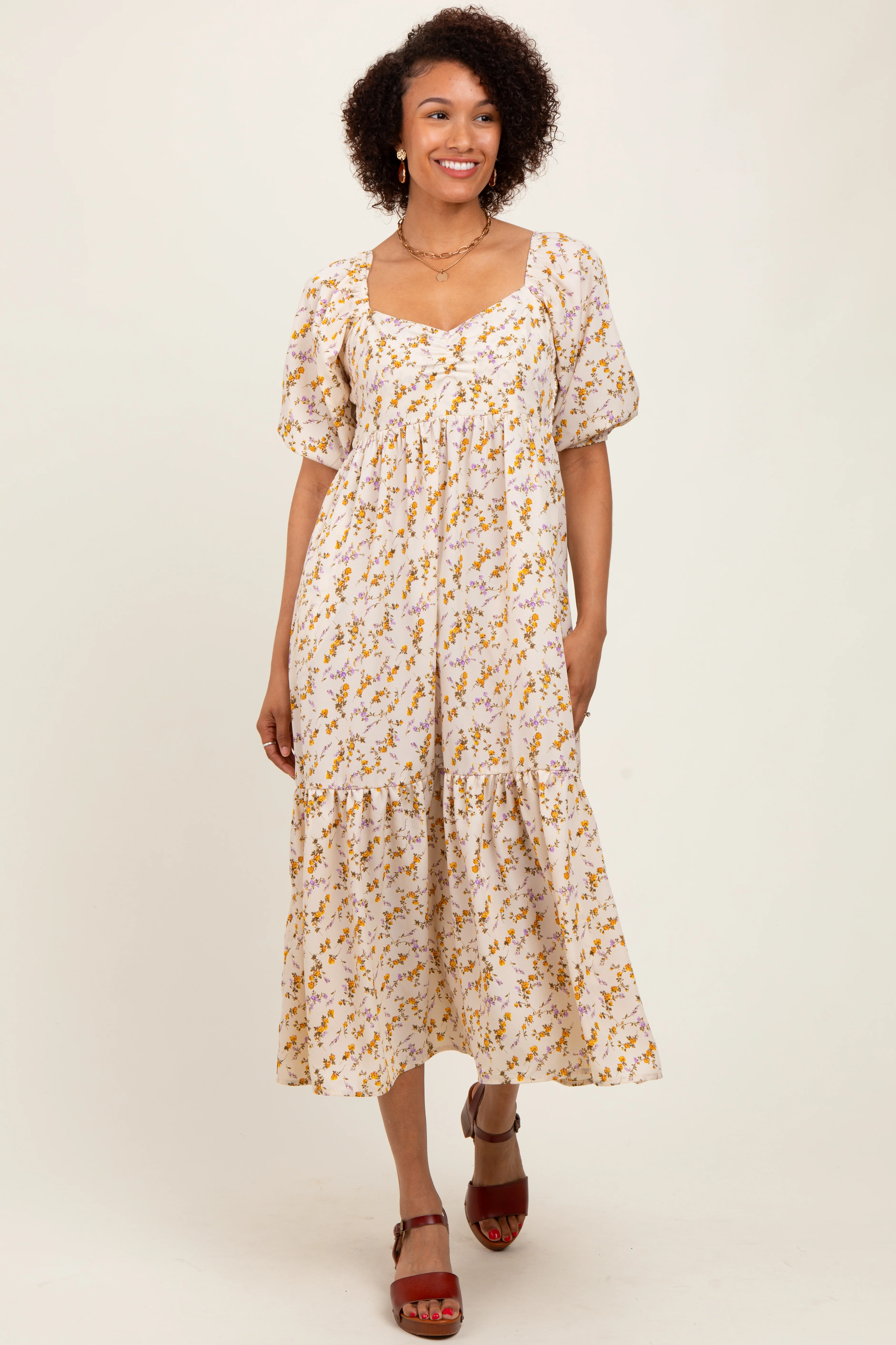 Cream Floral Sweetheart Puff Sleeve Midi Dress