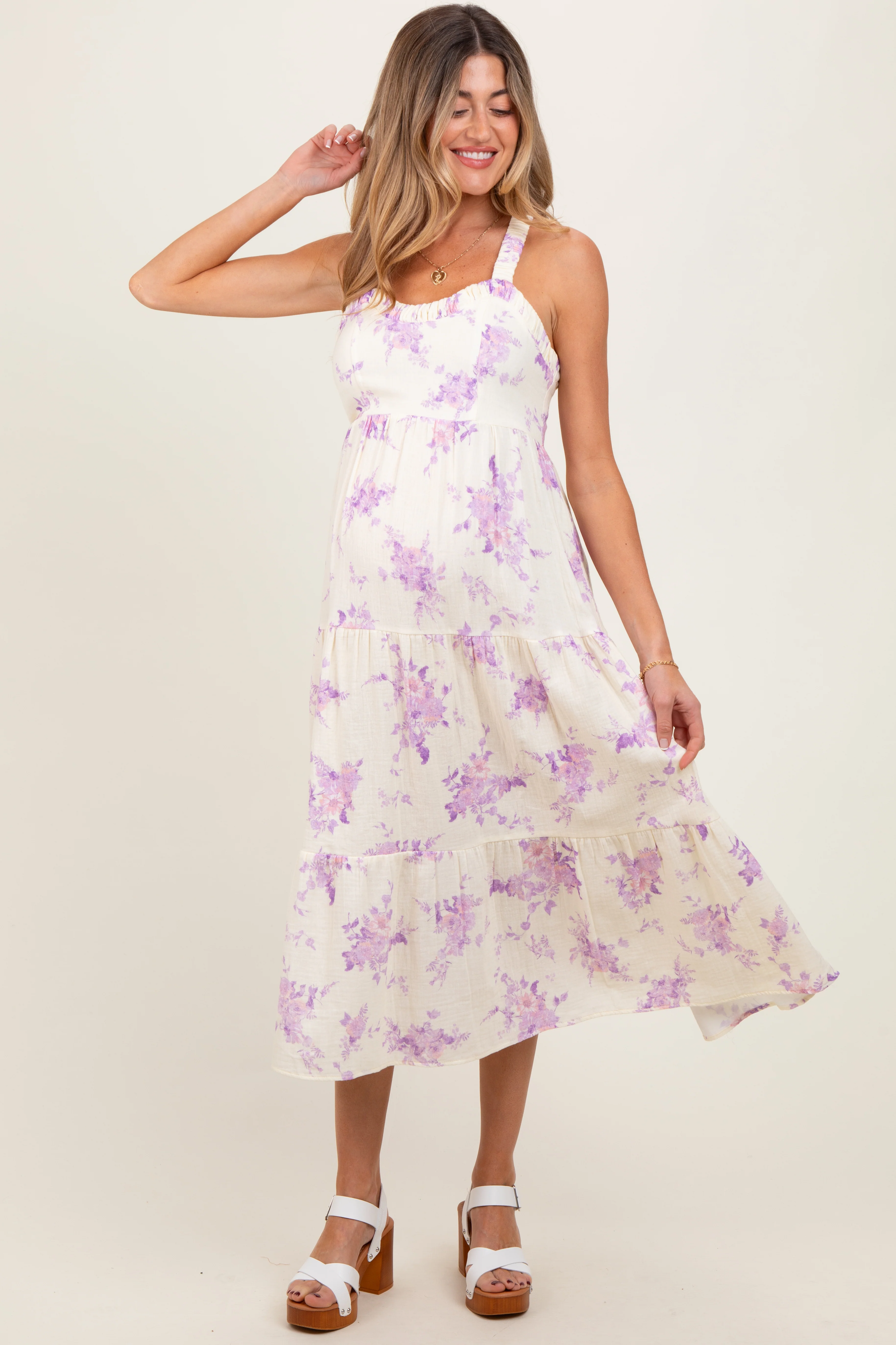 Cream Floral Tiered Crisscross Back Maternity Midi Dress - Image 4