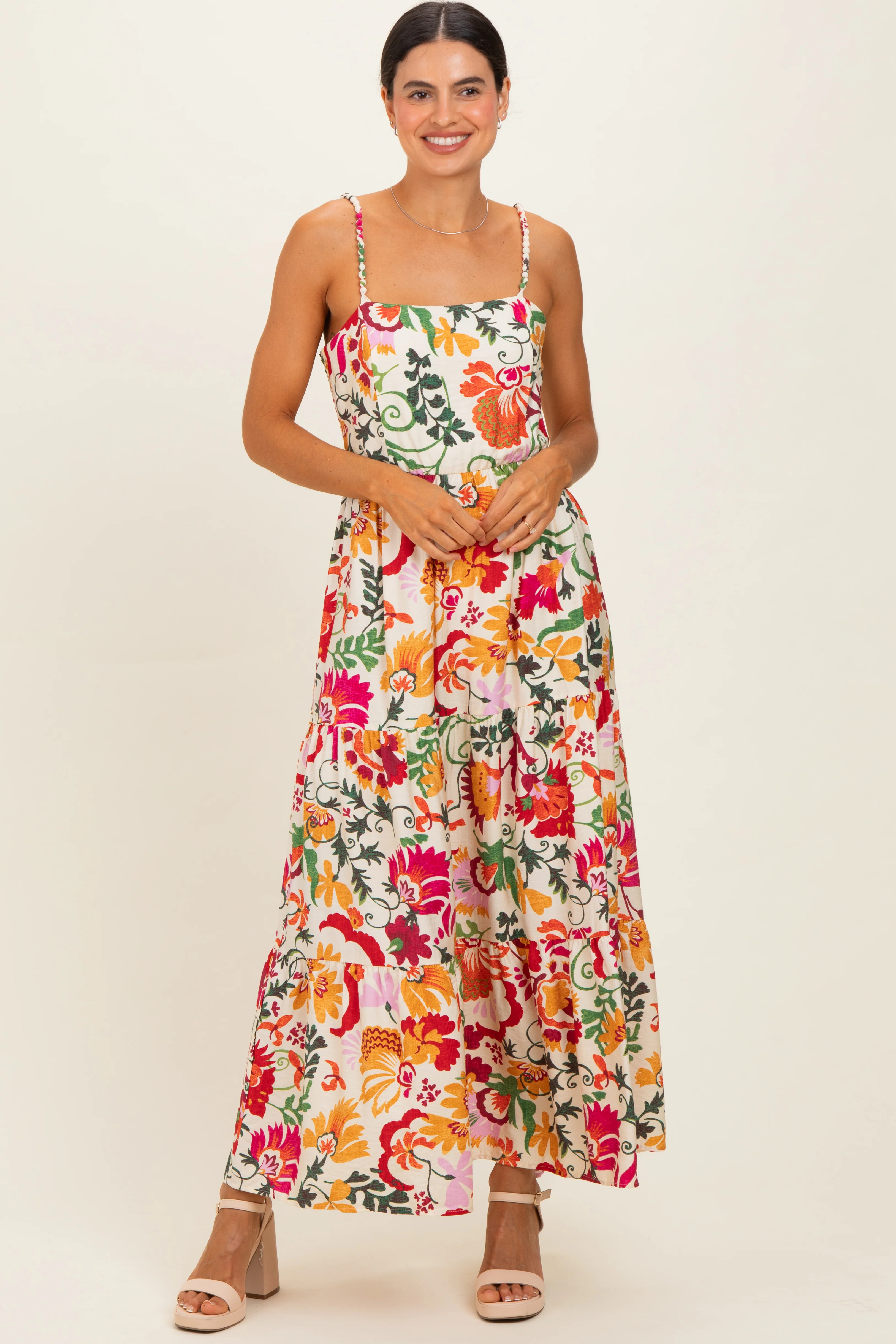 Cream Floral Tiered Maternity Midi Dress - Image 4