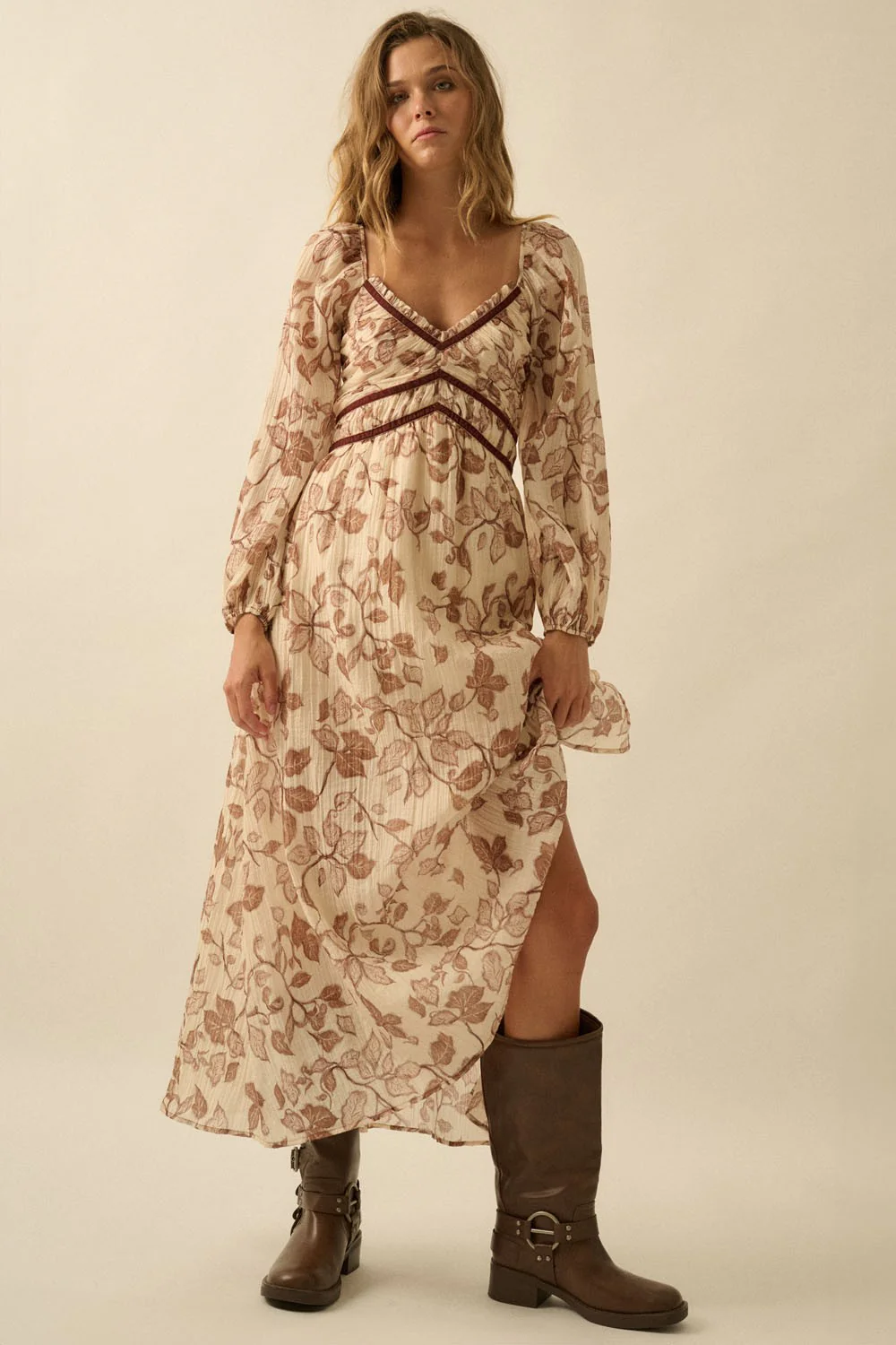 Cream Floral V-Neck Velvet Trim Maternity Maxi Dress - Image 5