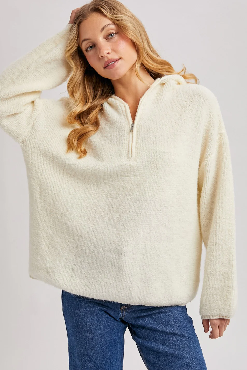 Cream Half Zip Hoodie Sweater - Image 2