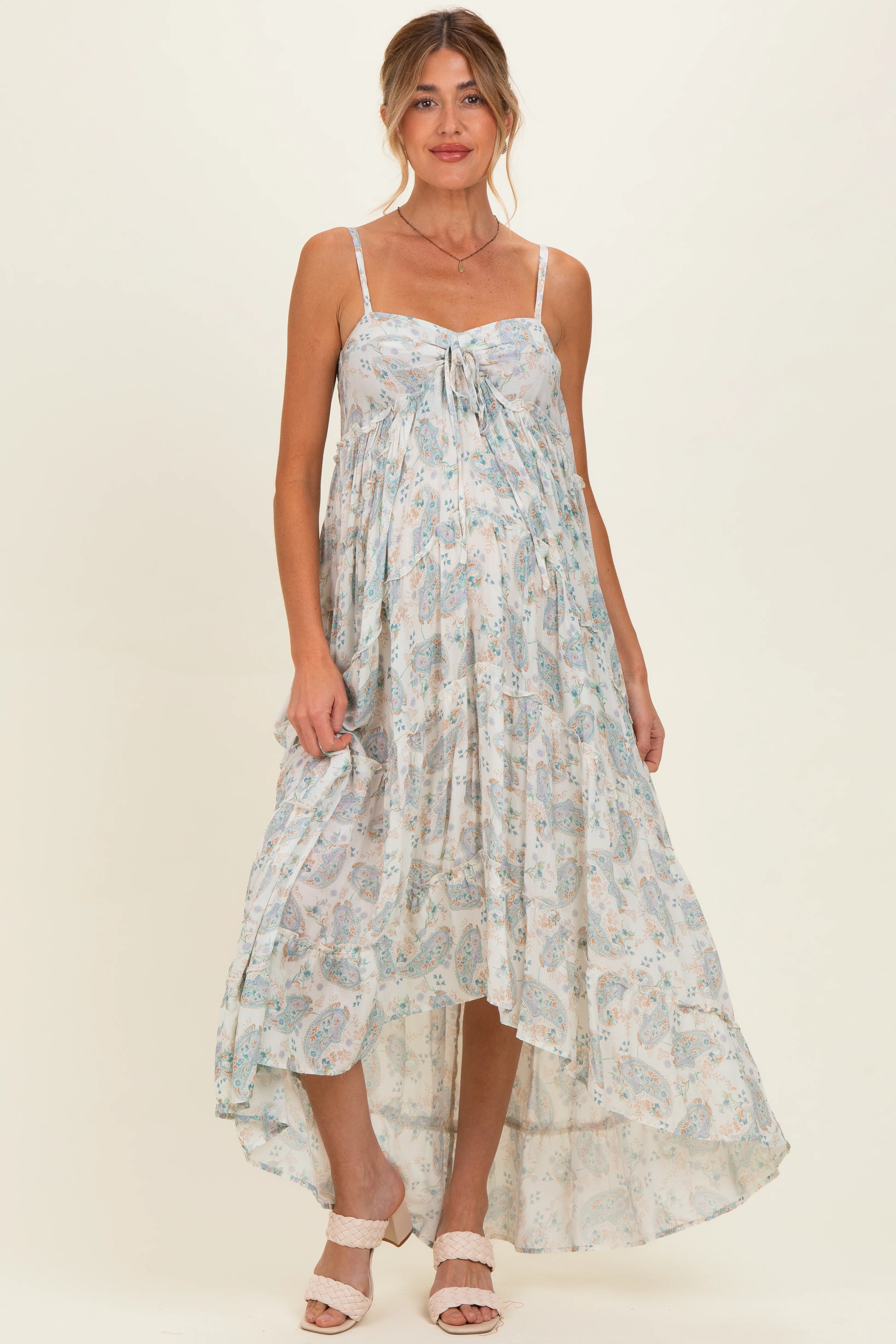 Cream Hi-Lo Spaghetti Strap Paisley Ruffle Maternity Maxi Dress