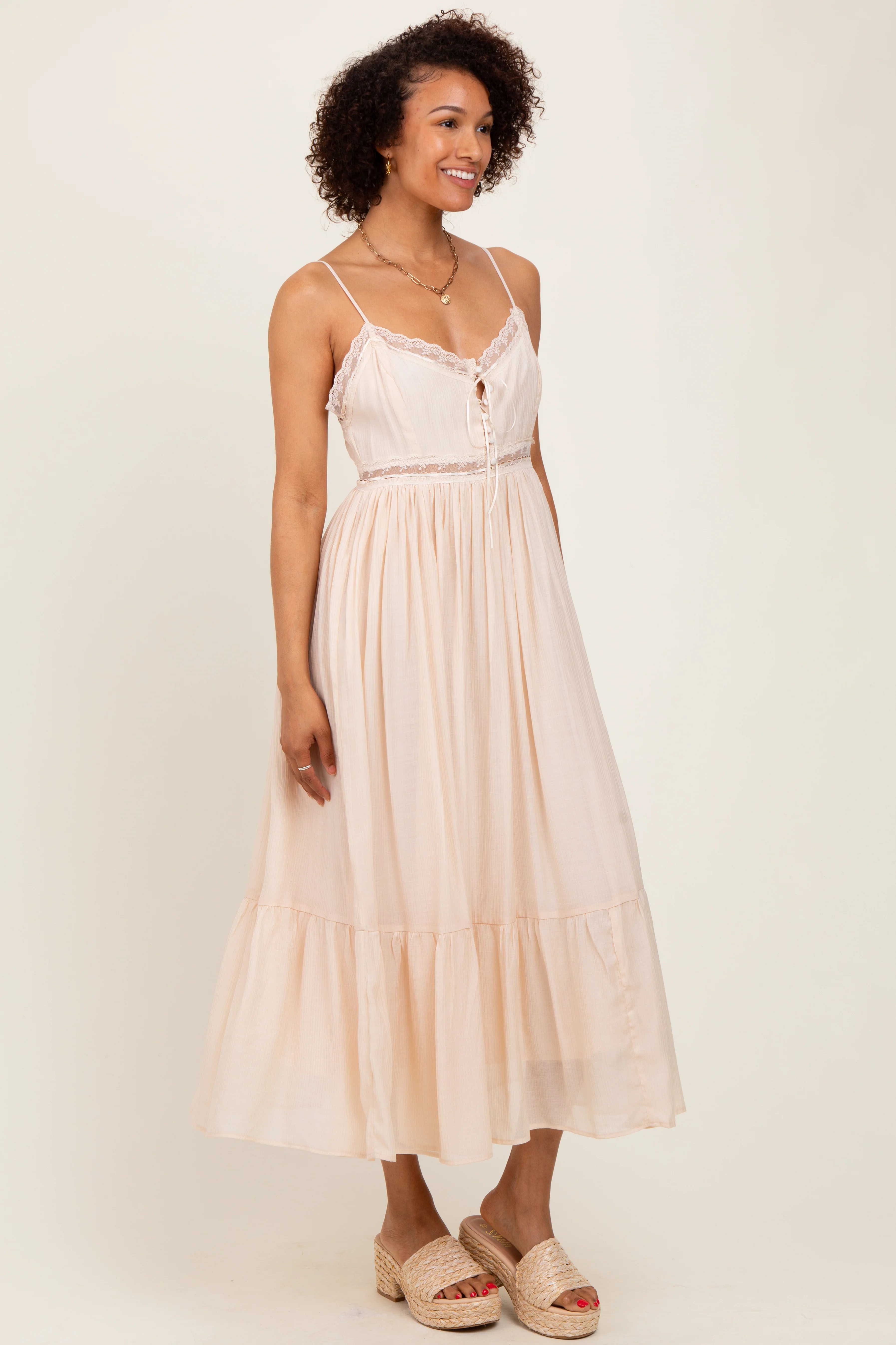 Cream Lace Detail Button Front Sleeveless Midi Dress - Image 3